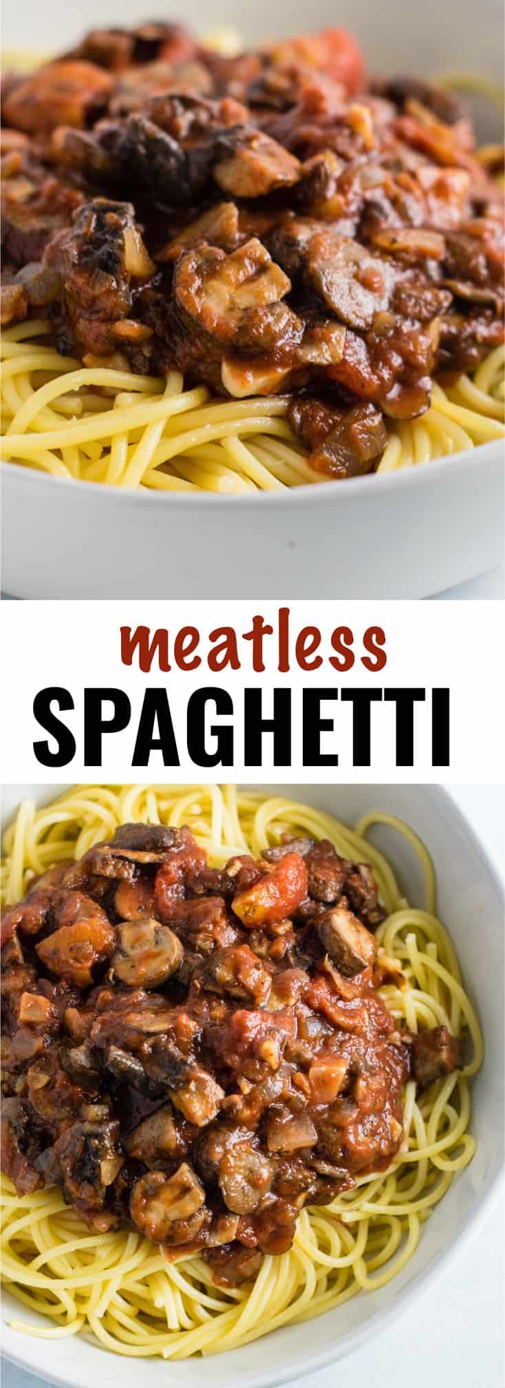 Easy meatless spaghetti sauce recipe made with mushrooms, garlic, and onions. A delicious “meaty” vegetarian spaghetti recipe. #meatless #spaghetti #vegetarian #meatlessspaghetti 