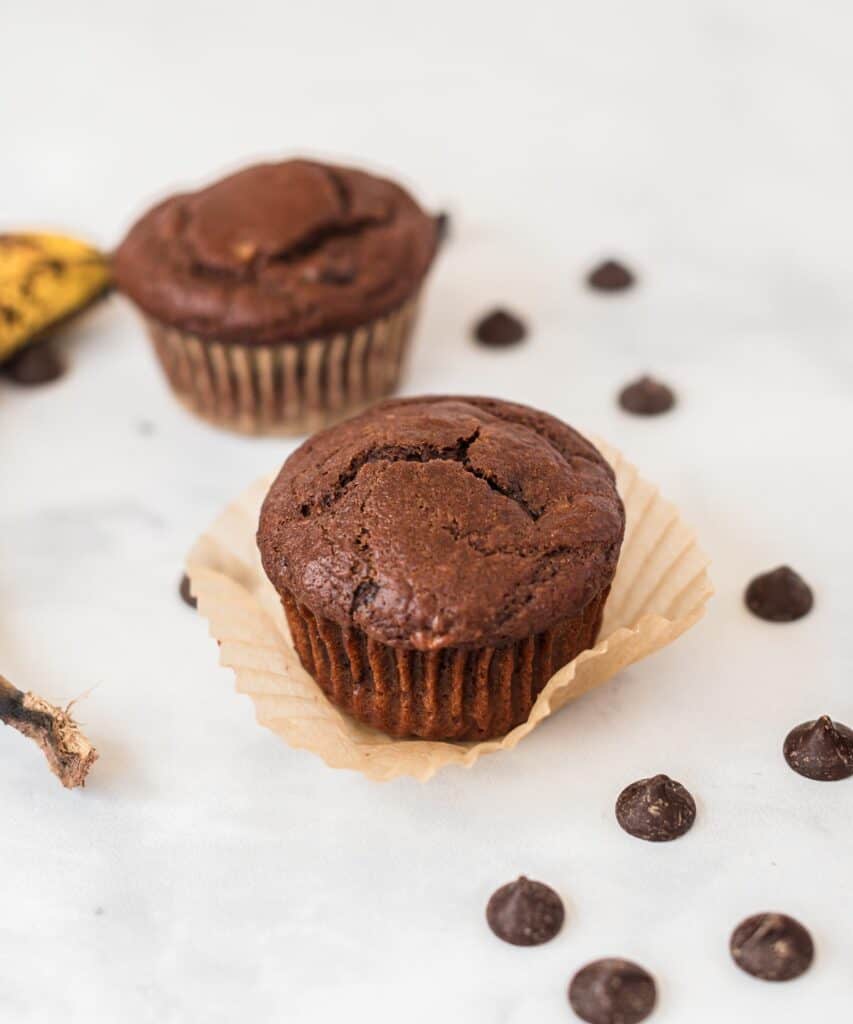 chocolate muffin on a muffin liner