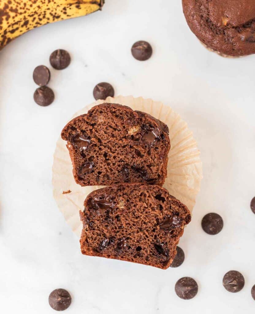 chocolate muffin cut in half to show the inside