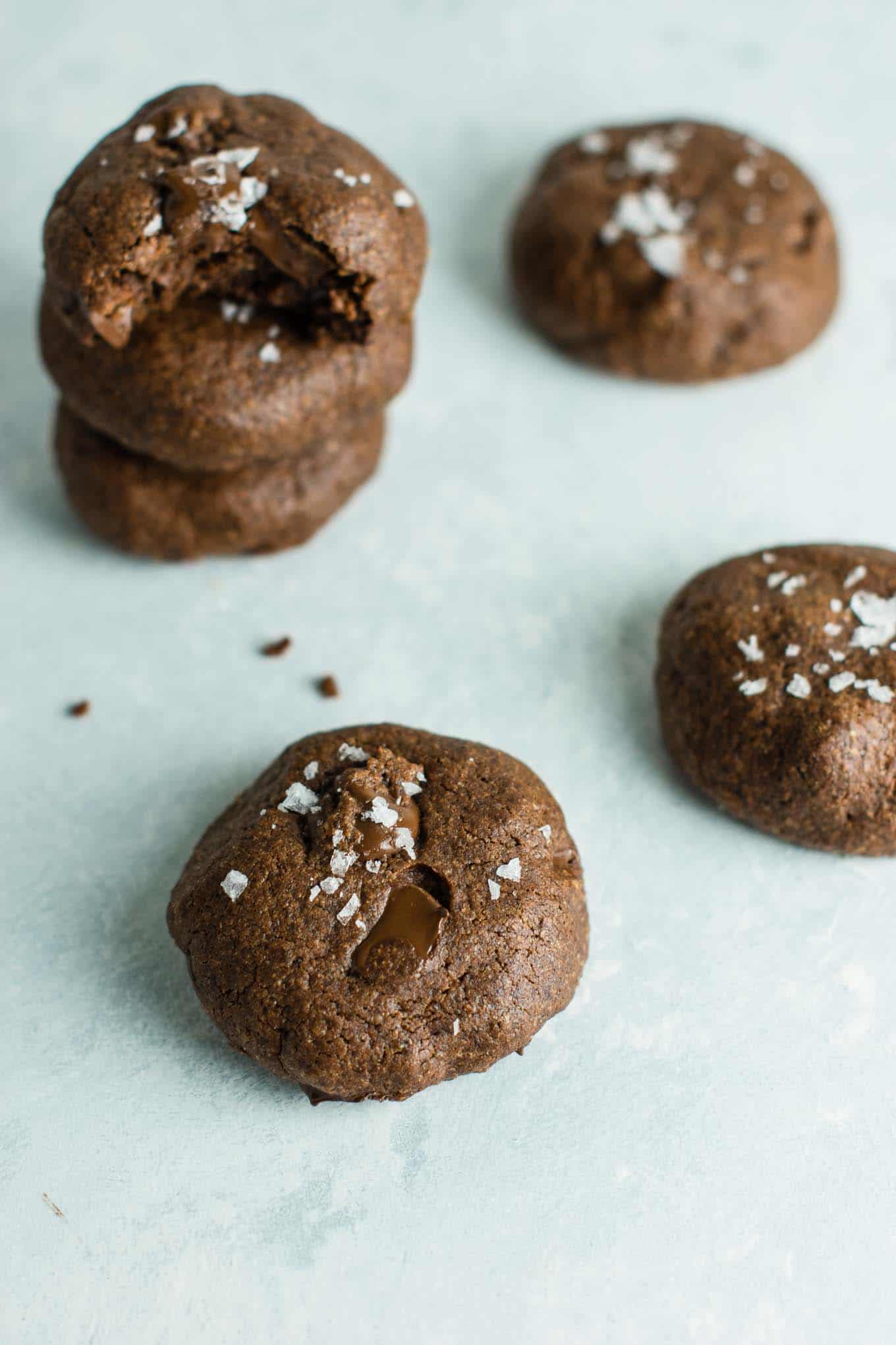 Healthy double chocolate chip cookies with sea salt. So decadent and delicious and made healthier with coconut oil! #doublechocolatechipcookies #healthycookies #dairyfree #dessert #healthy