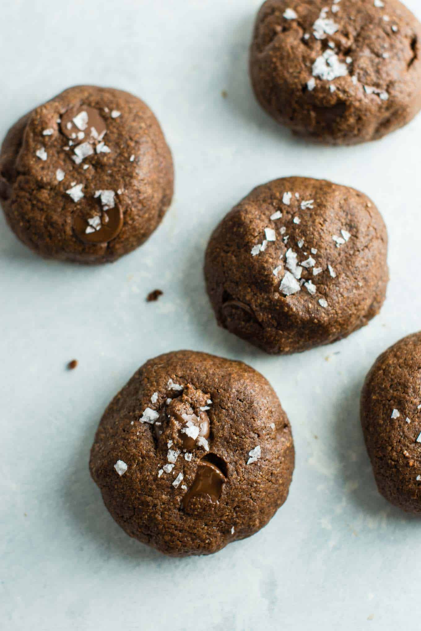 Healthy double chocolate chip cookies with sea salt. So decadent and delicious and made healthier with coconut oil! #doublechocolatechipcookies #healthycookies #dairyfree #dessert #healthy