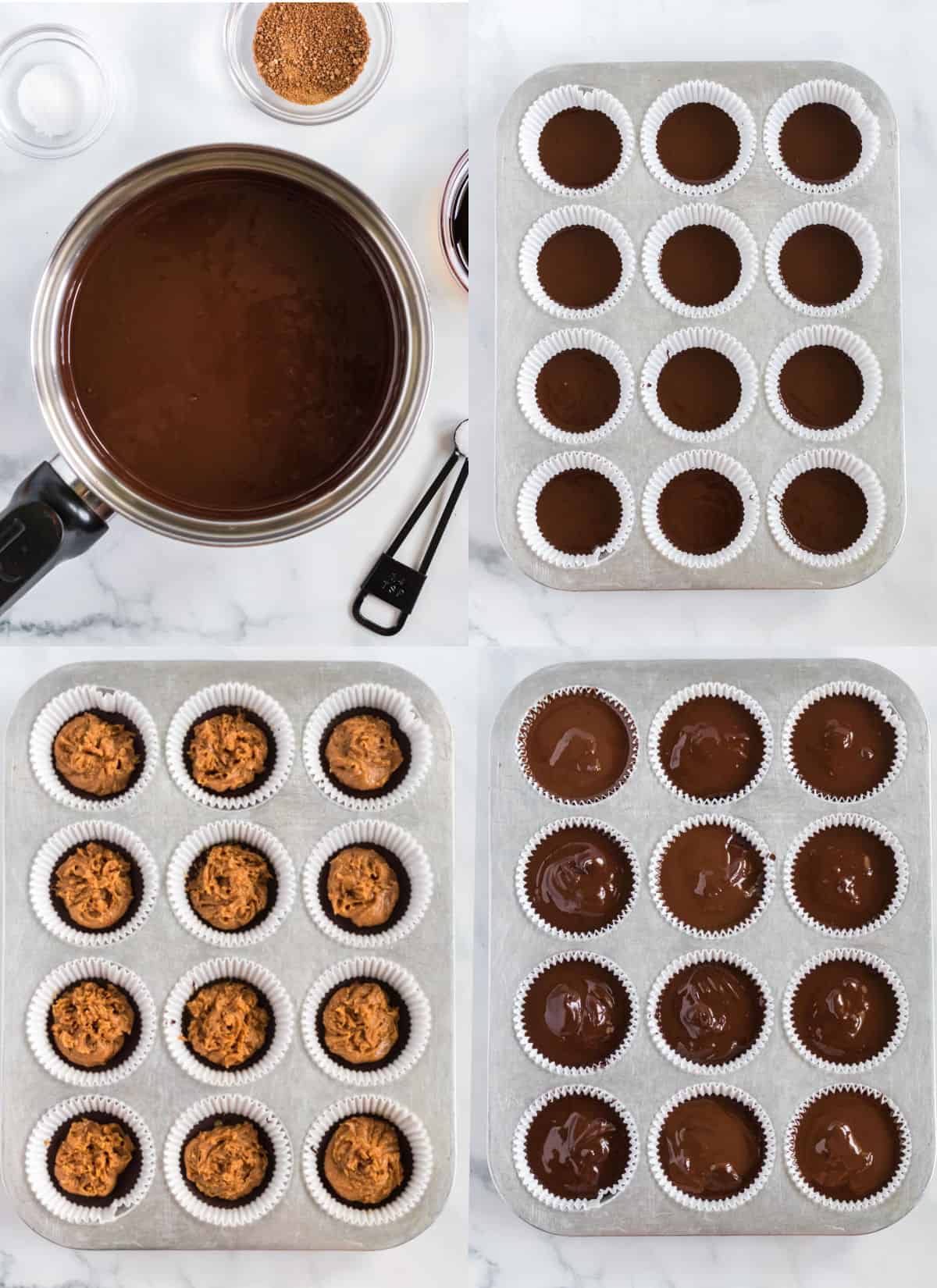 collage image showing the steps to make peanut butter cups