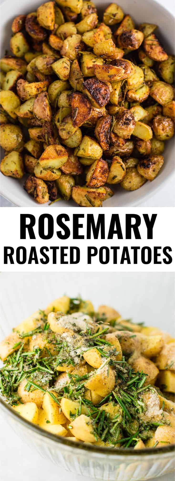 Rosemary roasted potatoes recipe made with fresh rosemary and olive oil. Everyone will love this easy side dish! #rosemaryroastedpotatoes #vegan #sidedish #roastedpotatoes