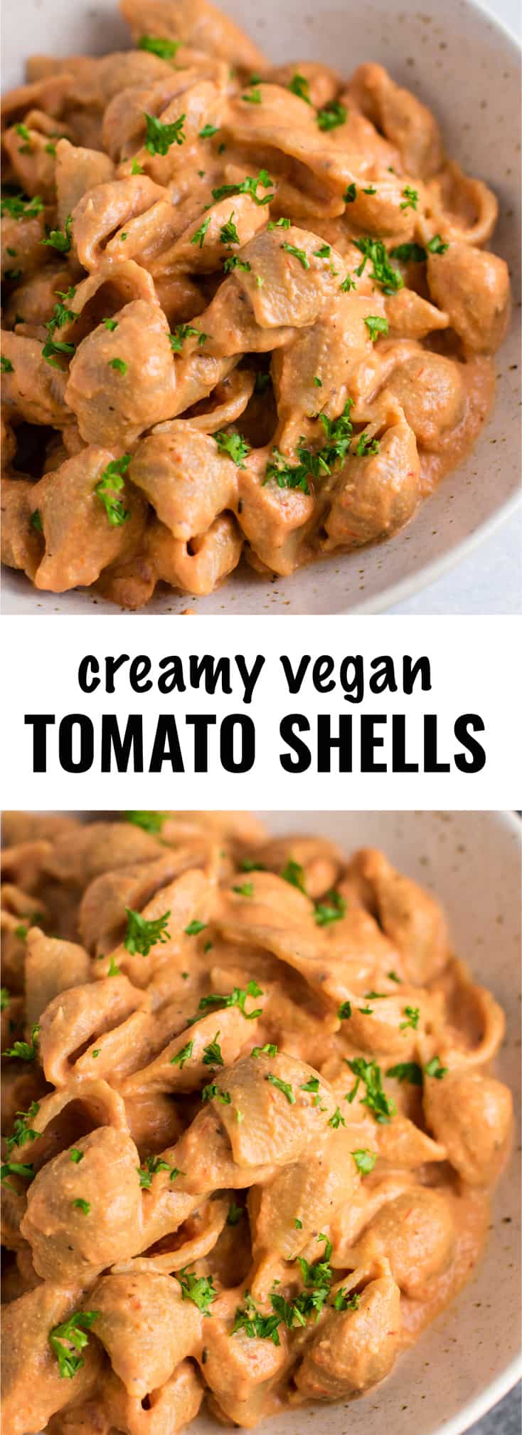 Creamy Tomato Shells are the ultimate vegan comfort food. Made with whole wheat pasta, and naturally creamy thanks to cashews and almond milk. You won’t believe how good this tastes! #vegan #creamsauce #creamytomatoshells #veganrecipe