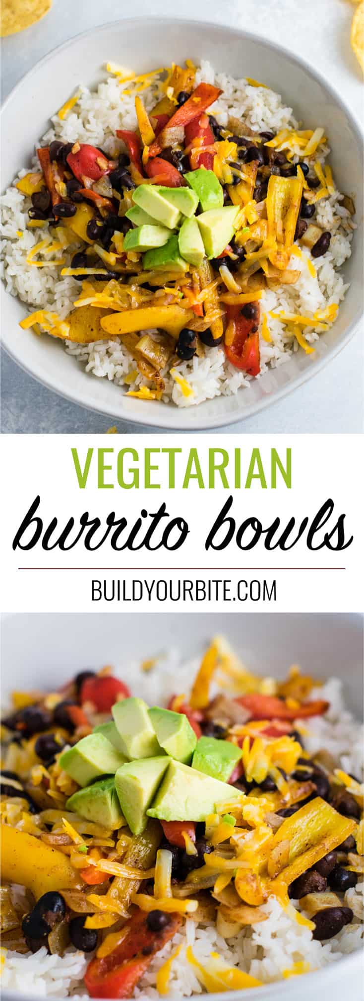 Vegetarian burrito bowl recipe with black beans, mini bell peppers, garlic, and onion. Better than chipotle! An easy vegetarian meal prep recipe or dinner the whole family will love! #vegetarianmealprep #vegetarianburritobowl #dinner #healthy #vegetarian