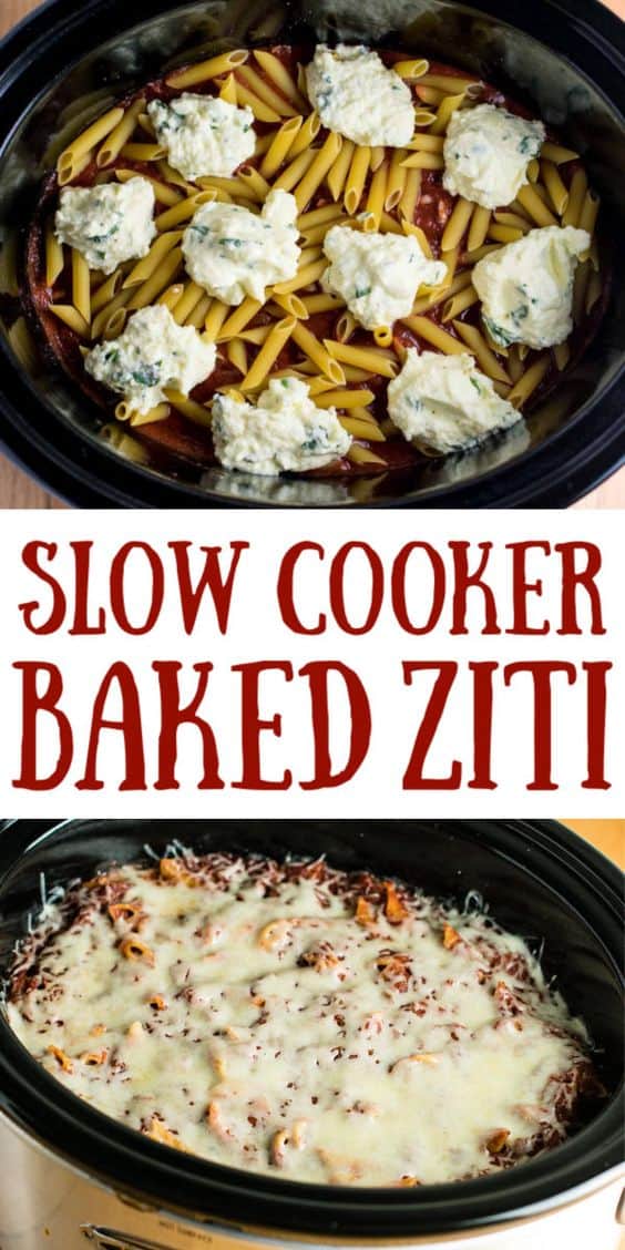 image with text "slow cooker baked ziti"