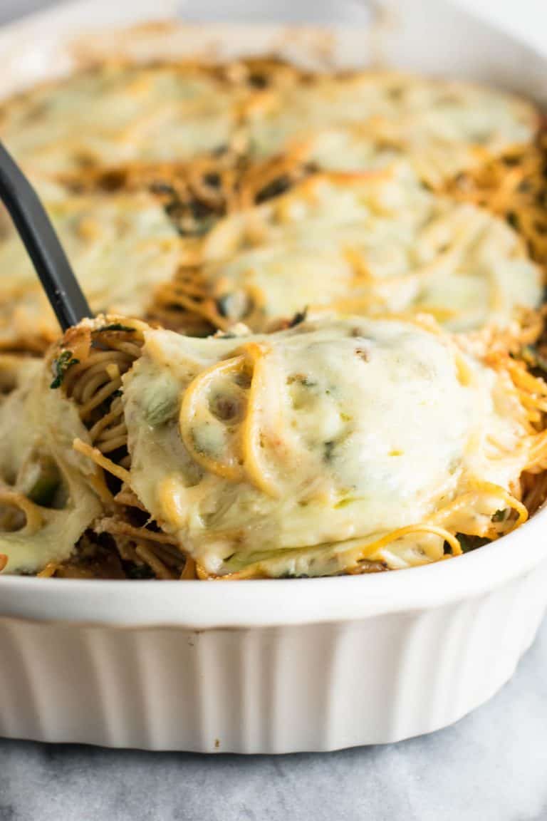 Healthy Baked Spaghetti Recipe with mushrooms, bell pepper, and kale