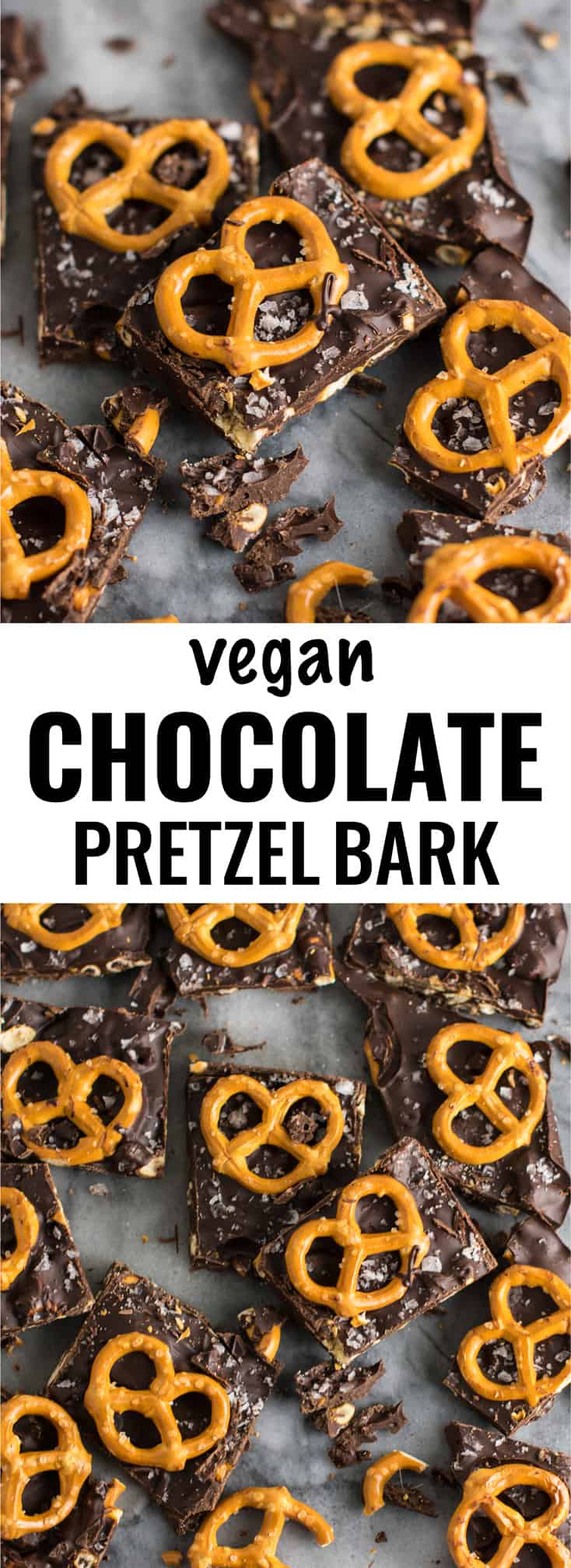 Vegan Chocolate Sea Salt Pretzel Bark Recipe (gluten free.) An indulgent healthy dessert that is so addicting! #vegan #veganpretzelbark #dessert #chocolate #healthy #vegandessert