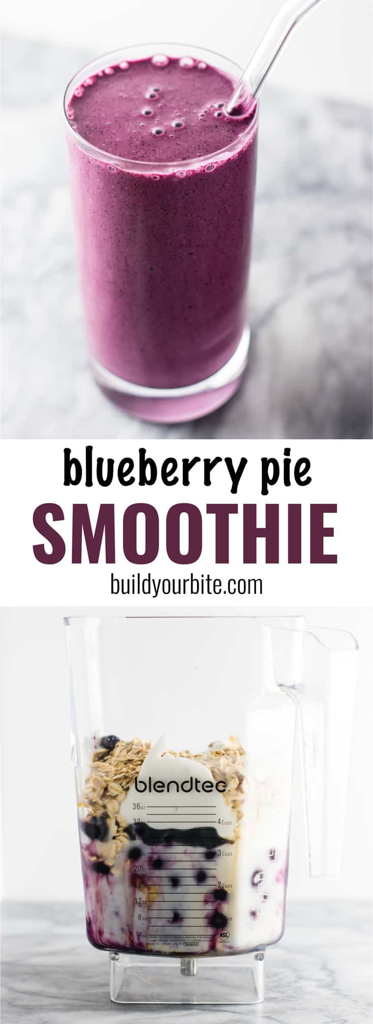Healthy blueberry pie smoothie recipe with greek yogurt and rolled oats. A breakfast or dessert full of juicy blueberry flavor! #healthy #blueberrysmoothie #blueberrypiesmoothie #vegetarian #greekyogurt #lemonzest #glutenfree
