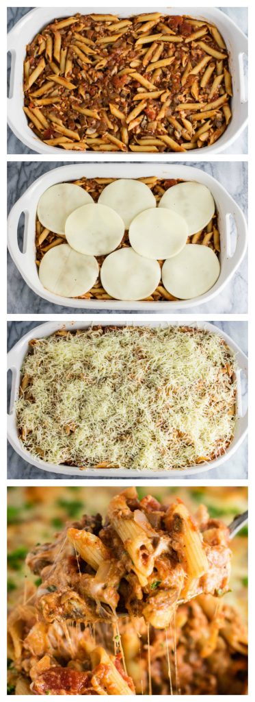 This Meatless Million Dollar Baked Ziti Recipe is an easy and impressive vegetarian dinner. Full of meaty mushrooms, fresh herbs, and four types of cheese! #meatless #milliondollarziti #bakedziti #vegetarian #dinner