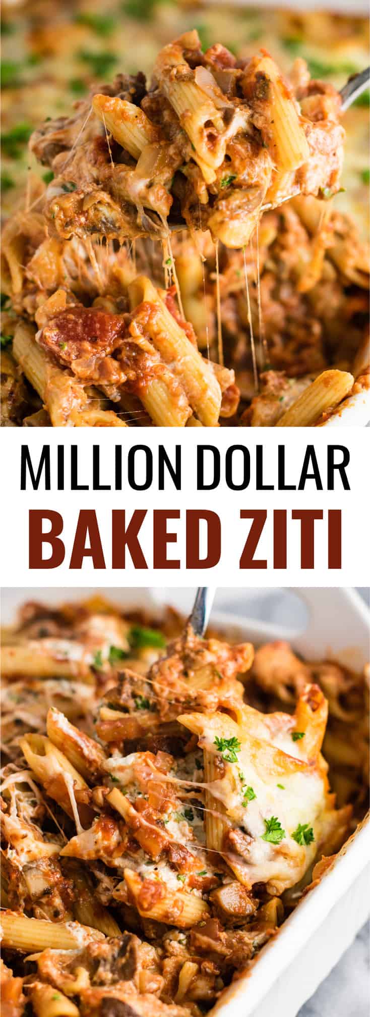 This Meatless Million Dollar Baked Ziti Recipe is an easy and impressive vegetarian dinner. Full of meaty mushrooms, fresh herbs, and four types of cheese! #meatless #milliondollarziti #bakedziti #vegetarian #dinner