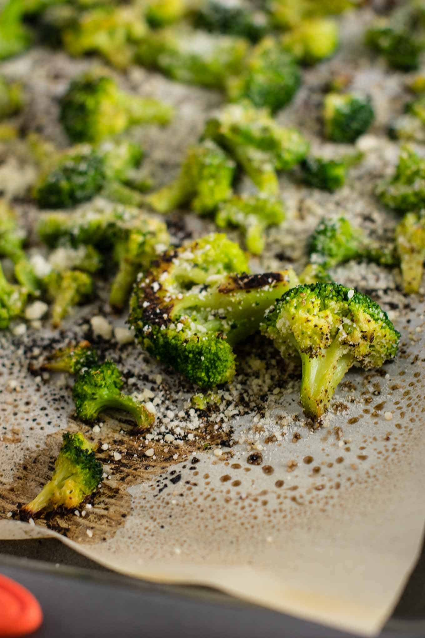 roasted broccoli on parchment paper