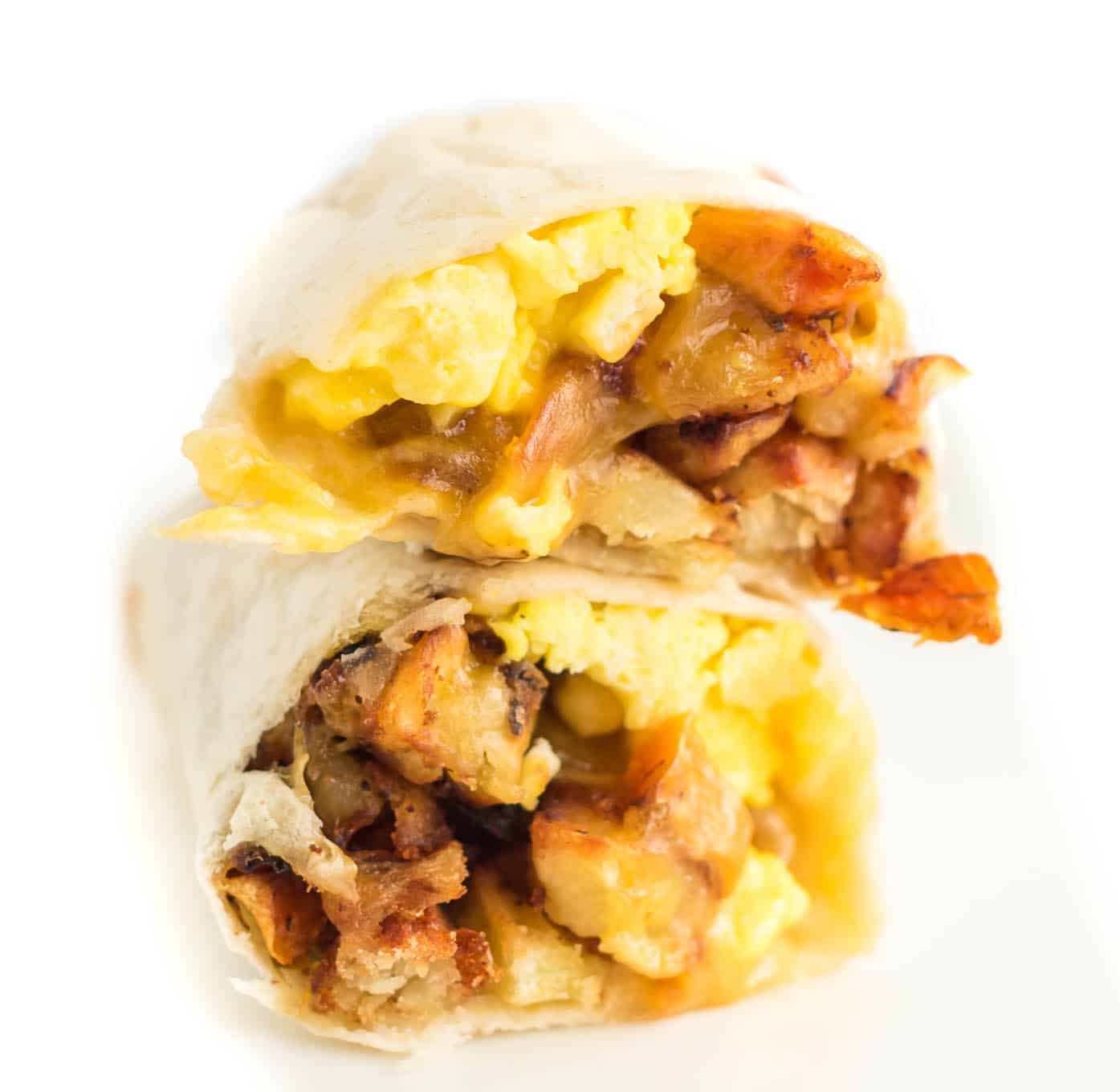 burrito cut in half stacked on top of each other