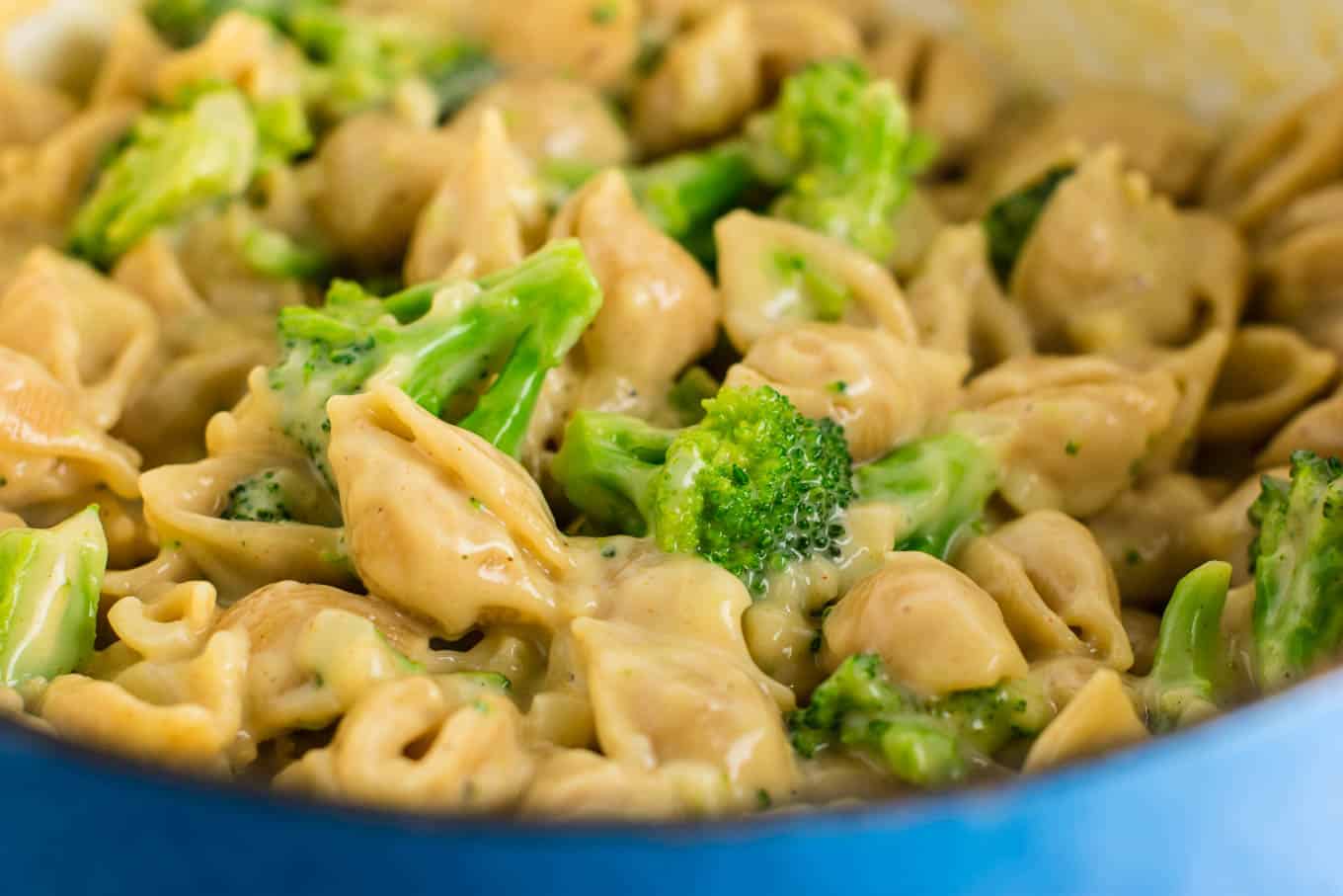 Lightened up broccoli shells and cheese with sharp cheddar cheese and whole wheat pasta. The healthiest way to justify eating macaroni and cheese for dinner. Kids will love this one! #broccolishellsandcheese #macandcheese #healthy #dinner #vegetarian #meatless #pasta #wholewheat