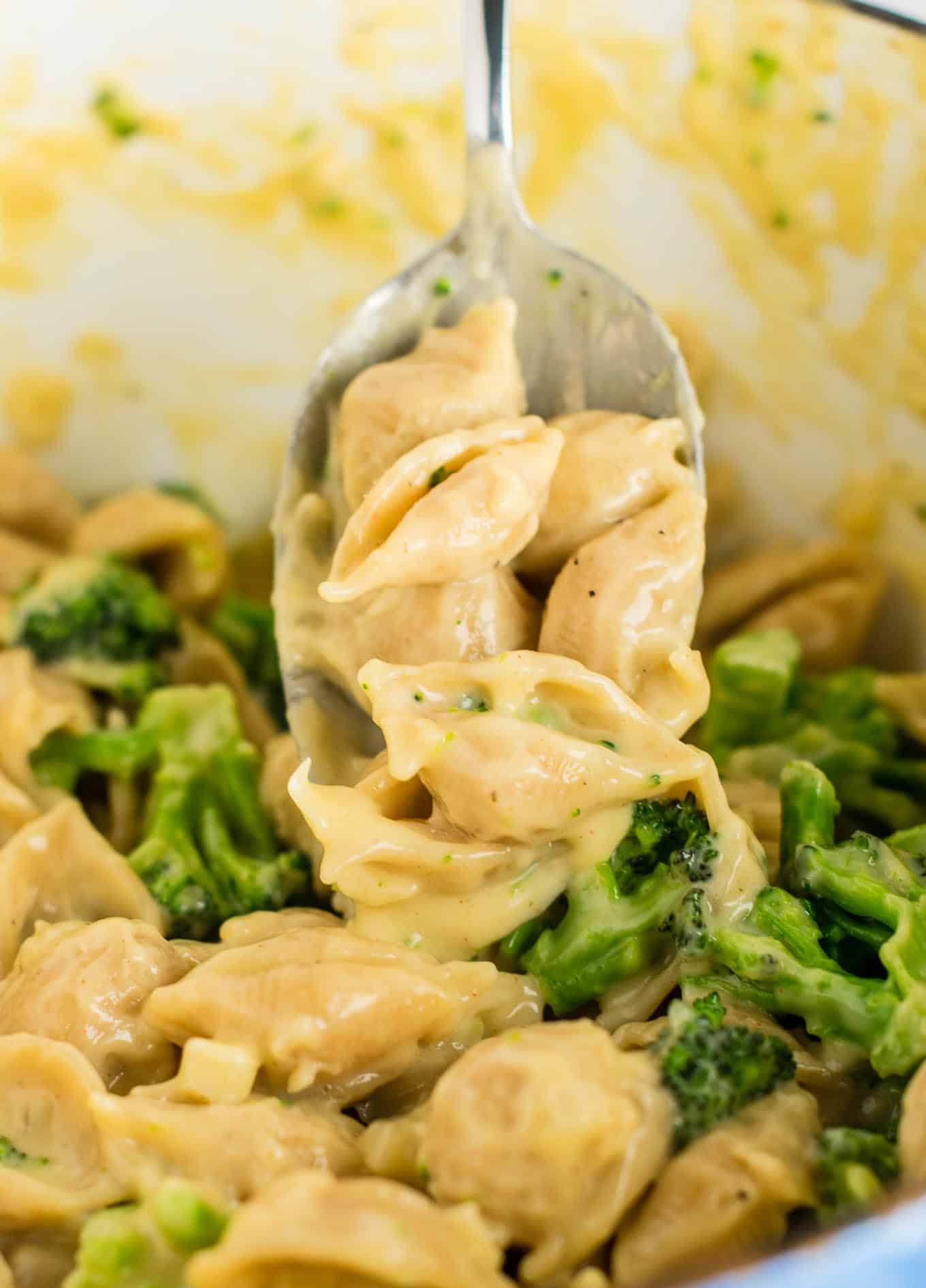 Lightened up broccoli shells and cheese with sharp cheddar cheese and whole wheat pasta. The healthiest way to justify eating macaroni and cheese for dinner. Kids will love this one! #broccolishellsandcheese #macandcheese #healthy #dinner #vegetarian #meatless #pasta #wholewheat