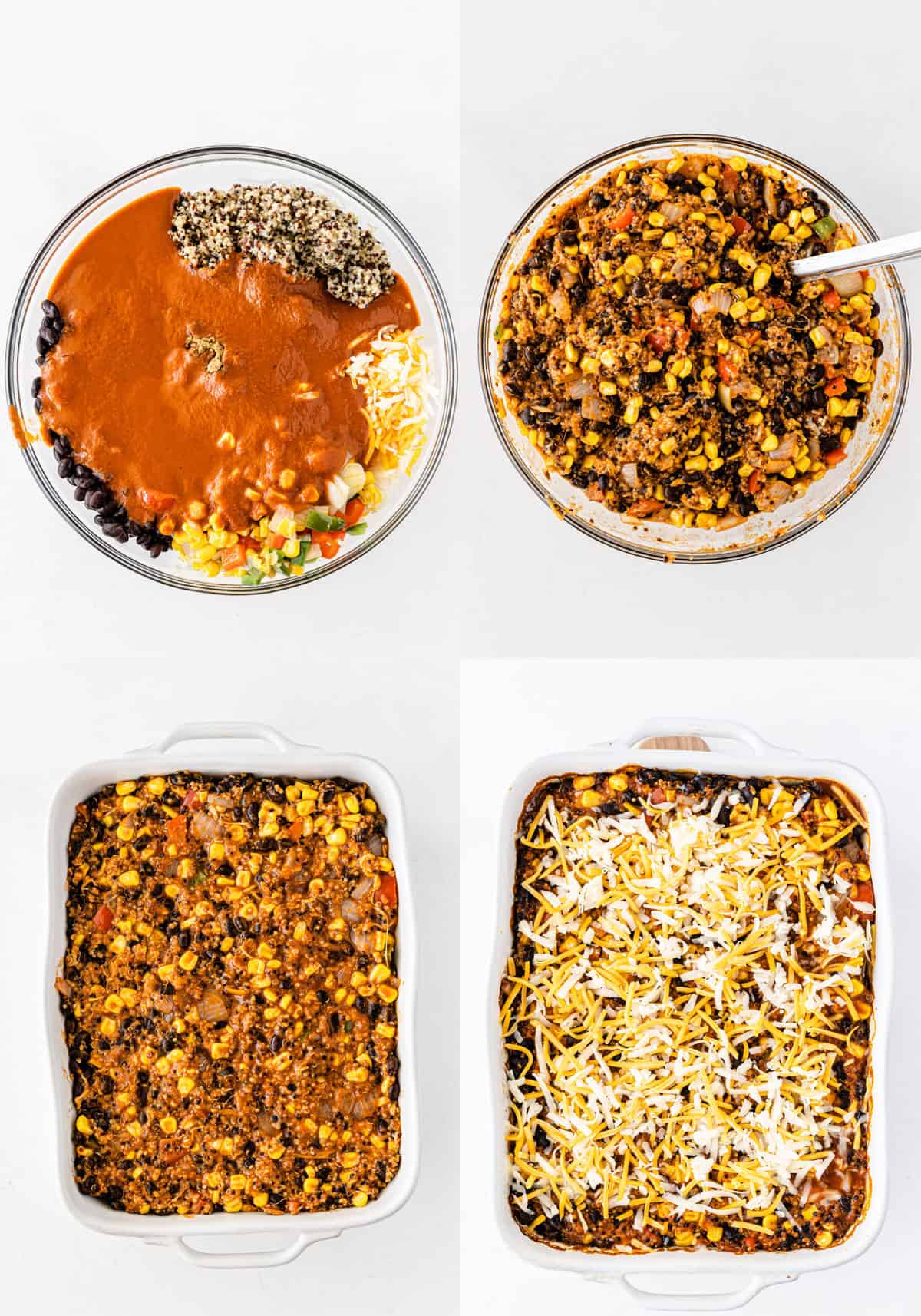 image collage showing the enchilada casserole ingredients, mixed together, in a casserole dish, then topped with mexican cheese