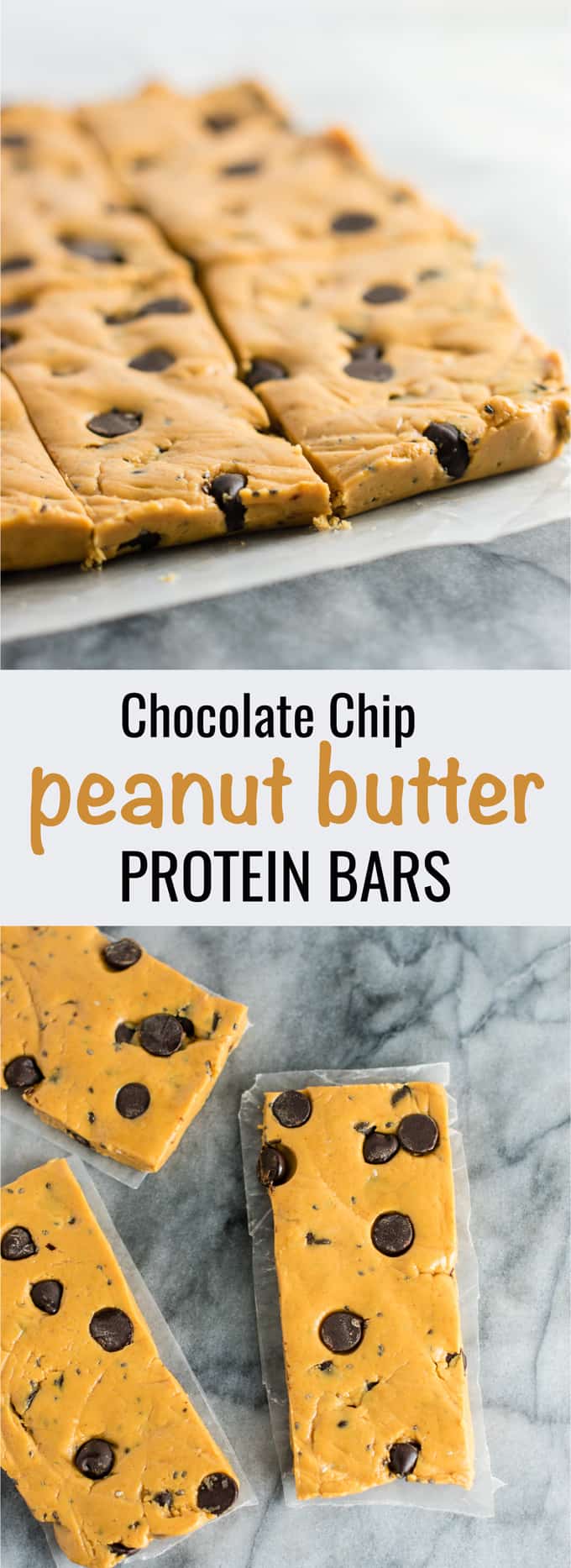 Chocolate Chip Peanut Butter Protein Bars made with honey, peanut butter, and a few other simple ingredients (gluten free.) Make these ahead for easy snack prep! #glutenfree #proteinbars #peanutbutter #chocolatechip #nobake #snacks #mealprep 