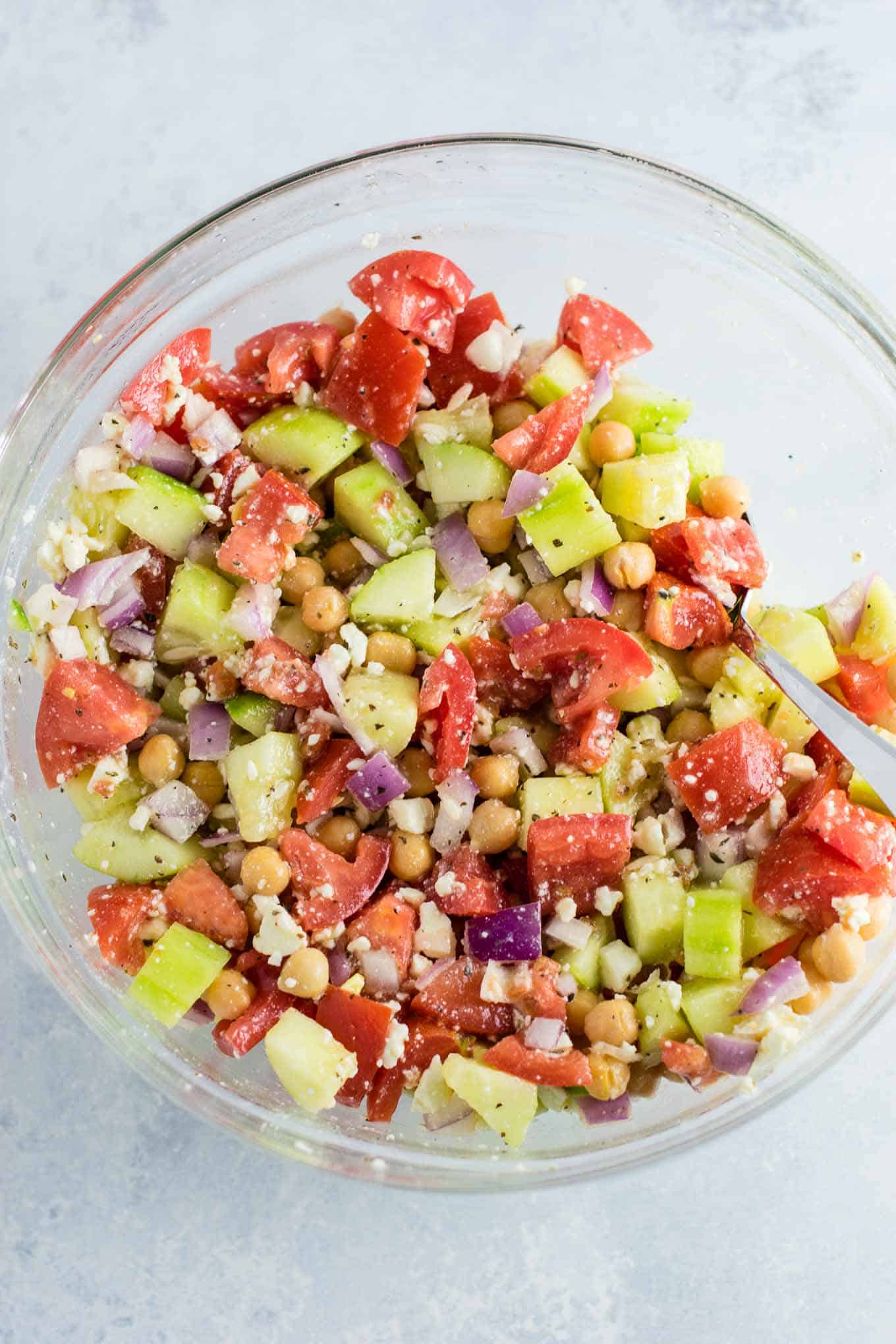 chickpea greek salad in a bowl