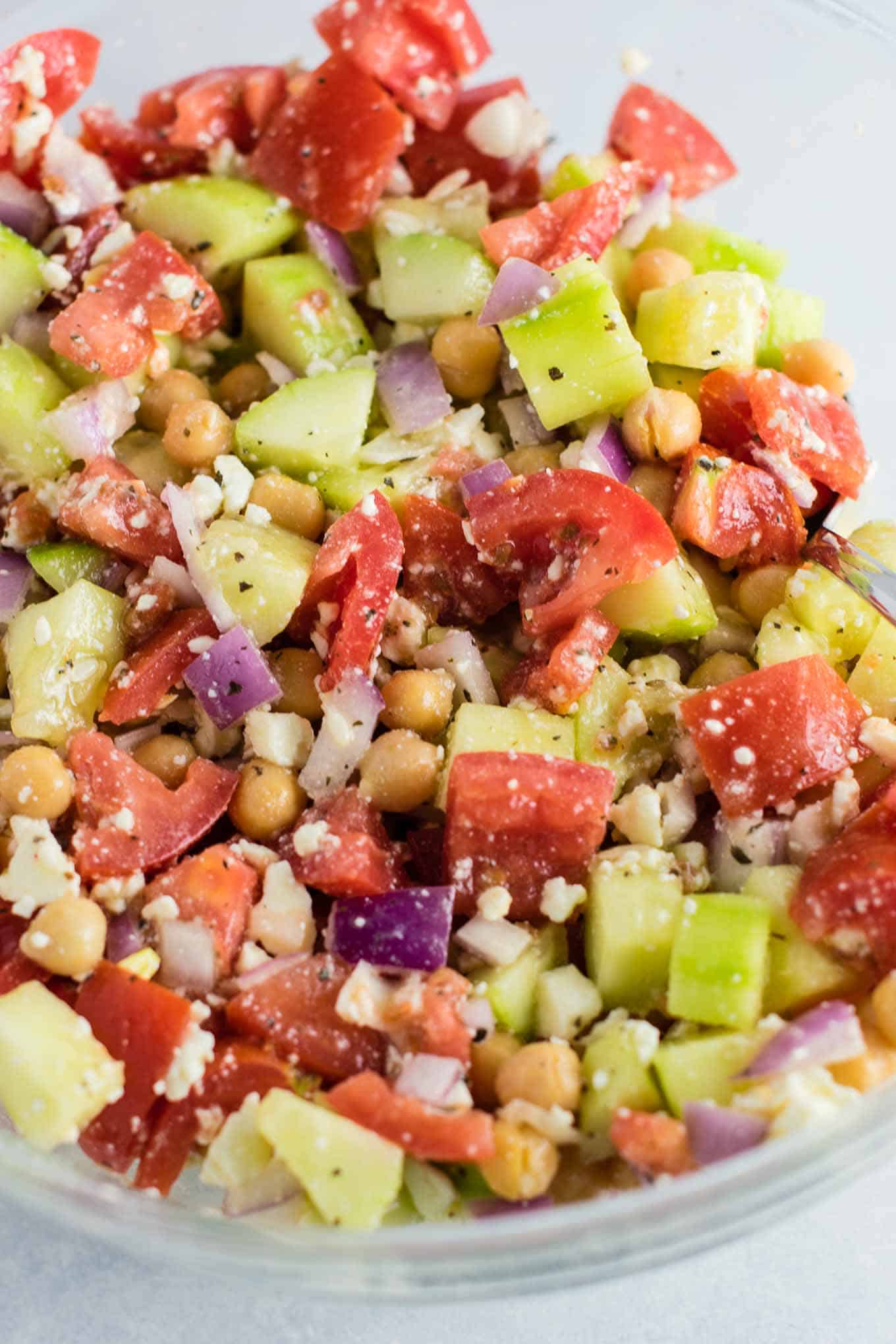 greek cucumber chickpea salad in a bowl