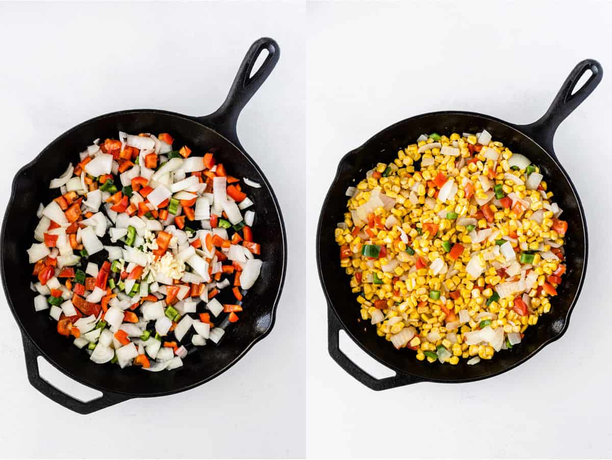 collage image showing the bell pepper and onion in a cast iron skillet, then the corn added