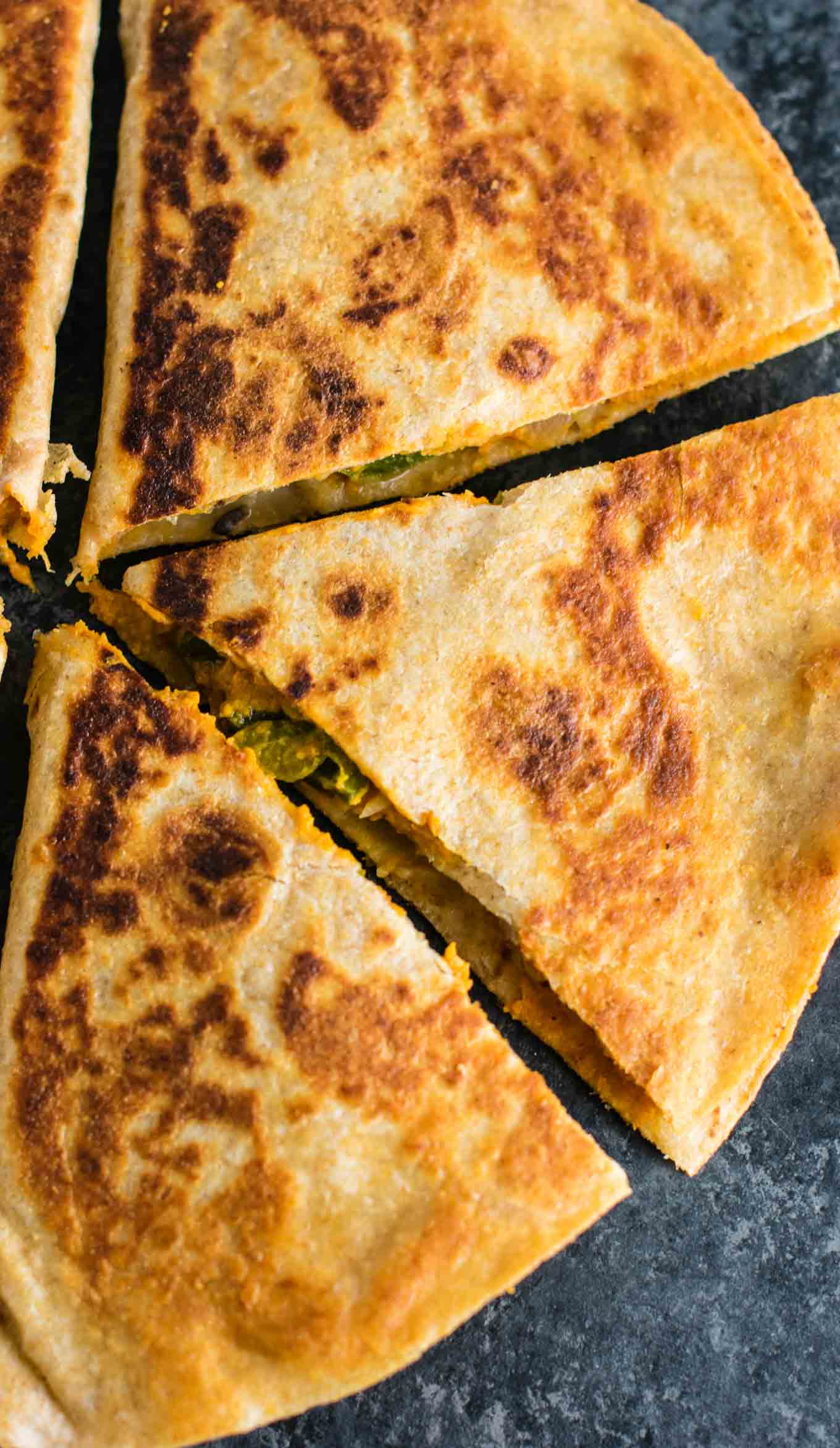 Easy vegan quesadillas recipe packed full of protein and flavor. No meat, no dairy, no vegan cheese! It's a Mexican favorite gone vegan! #vegan #quesadillas #meatless #veganmexican #veganquesadilla #dinner #recipes