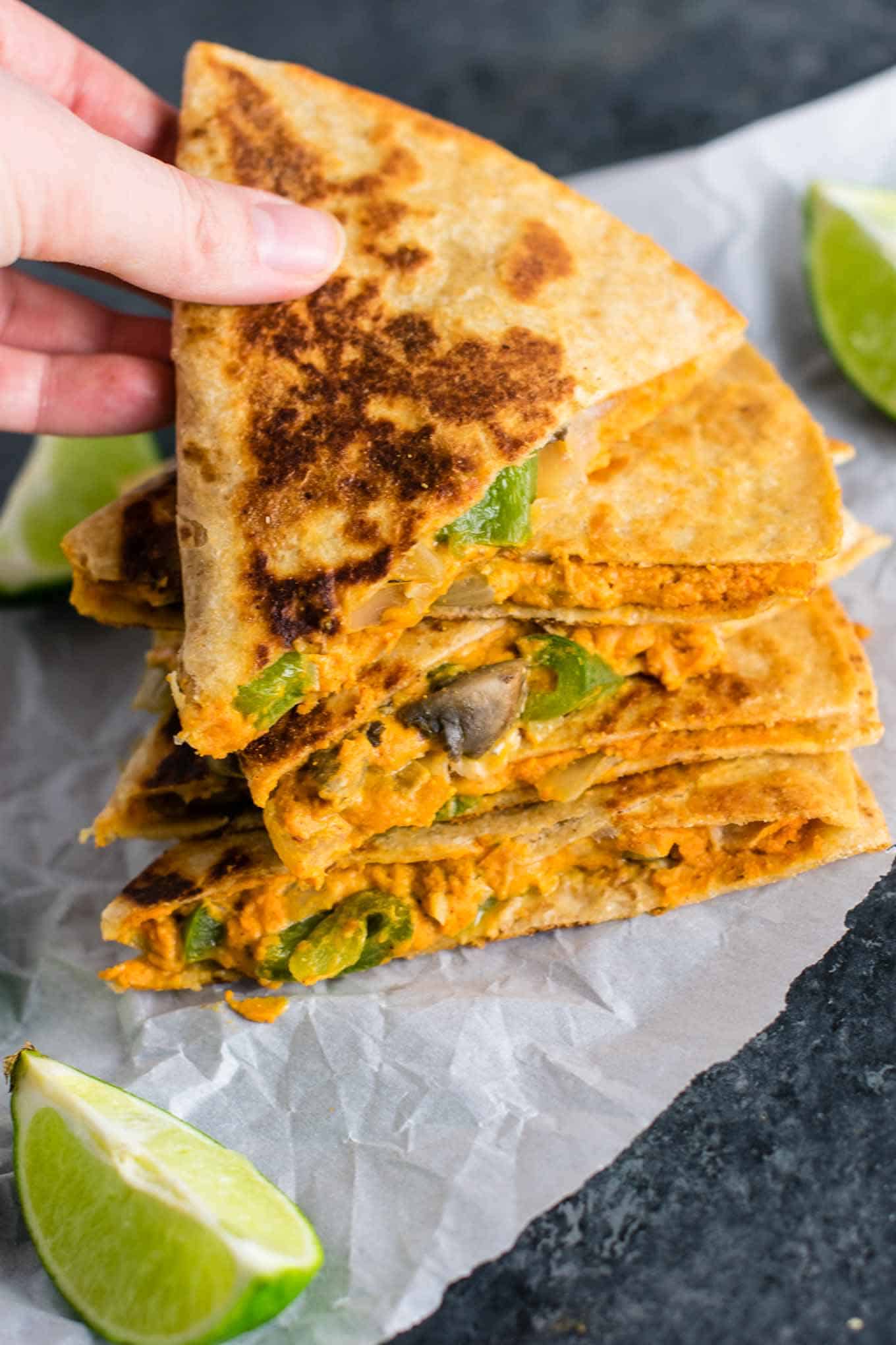 Easy vegan quesadillas recipe packed full of protein and flavor. No meat, no dairy, no vegan cheese! It's a Mexican favorite gone vegan! #vegan #quesadillas #meatless #veganmexican #veganquesadilla #dinner #recipes