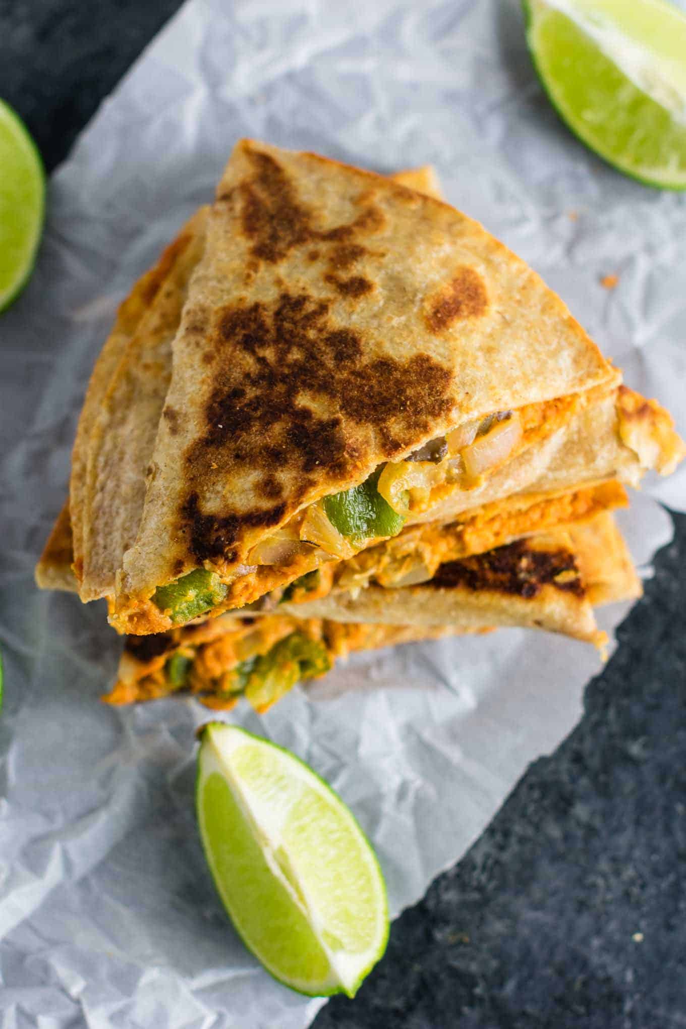 Easy vegan quesadillas recipe packed full of protein and flavor. No meat, no dairy, no vegan cheese! It's a Mexican favorite gone vegan! #vegan #quesadillas #meatless #veganmexican #veganquesadilla #dinner #recipes