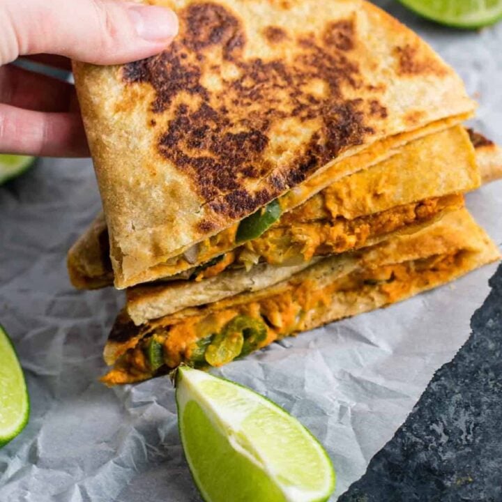 Easy vegan quesadillas recipe packed full of protein and flavor. No meat, no dairy, no vegan cheese! It's a Mexican favorite gone vegan! #vegan #quesadillas #meatless #veganmexican #veganquesadilla #dinner #recipes