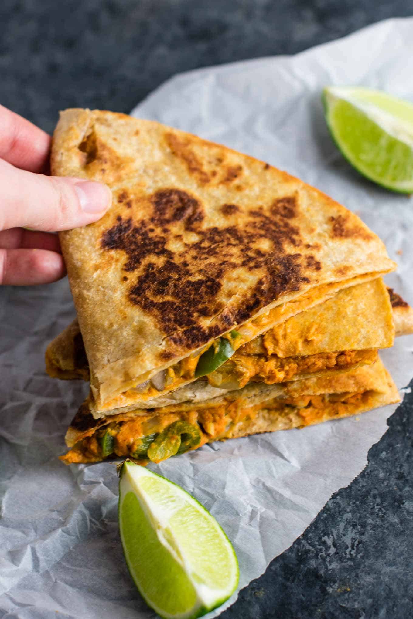 Easy vegan quesadillas recipe packed full of protein and flavor. No meat, no dairy, no vegan cheese! It's a Mexican favorite gone vegan! #vegan #quesadillas #meatless #veganmexican #veganquesadilla #dinner #recipes