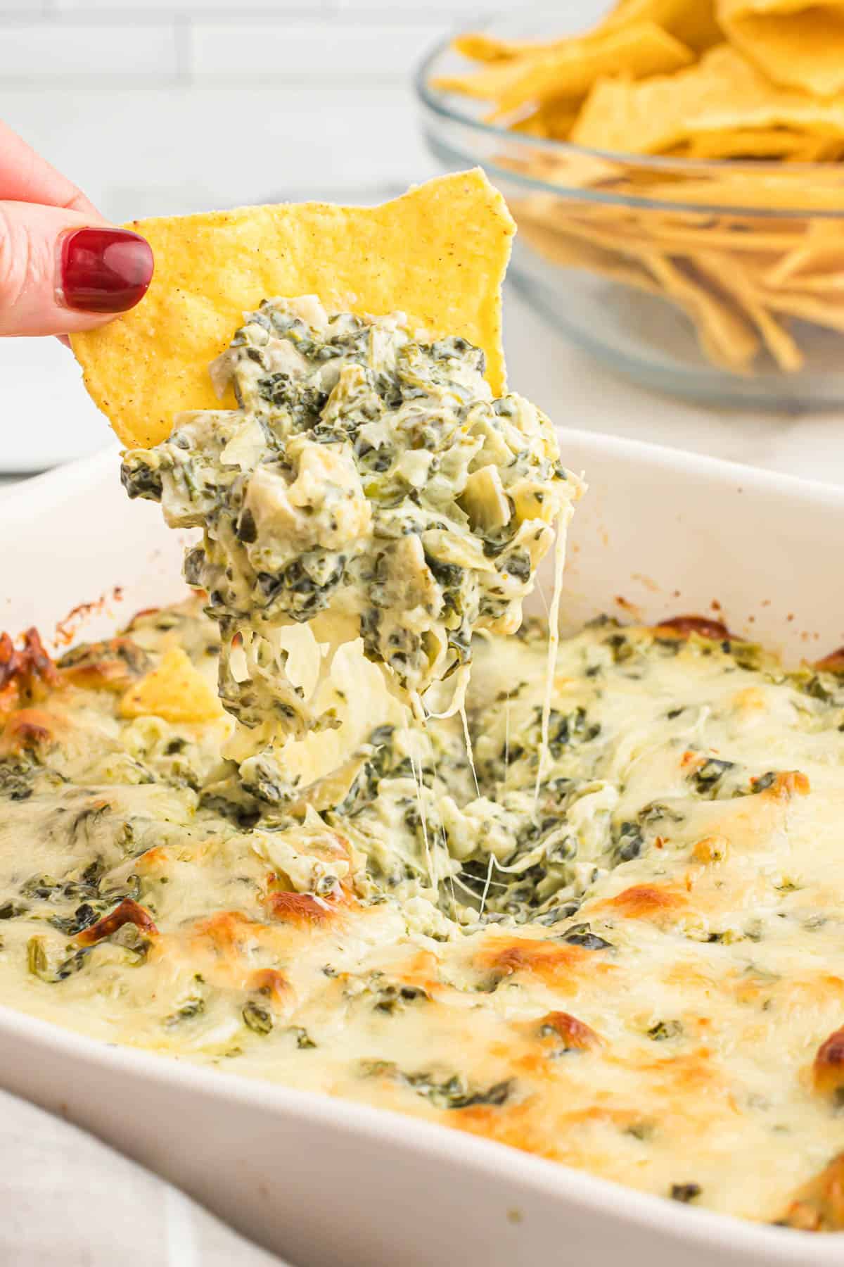 tortilla chip dipped in baked spinach artichoke dip