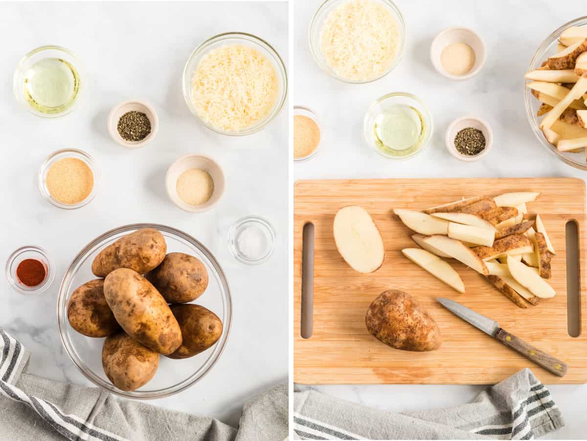 collage image showing recipe ingredients and potato being cut into wedges