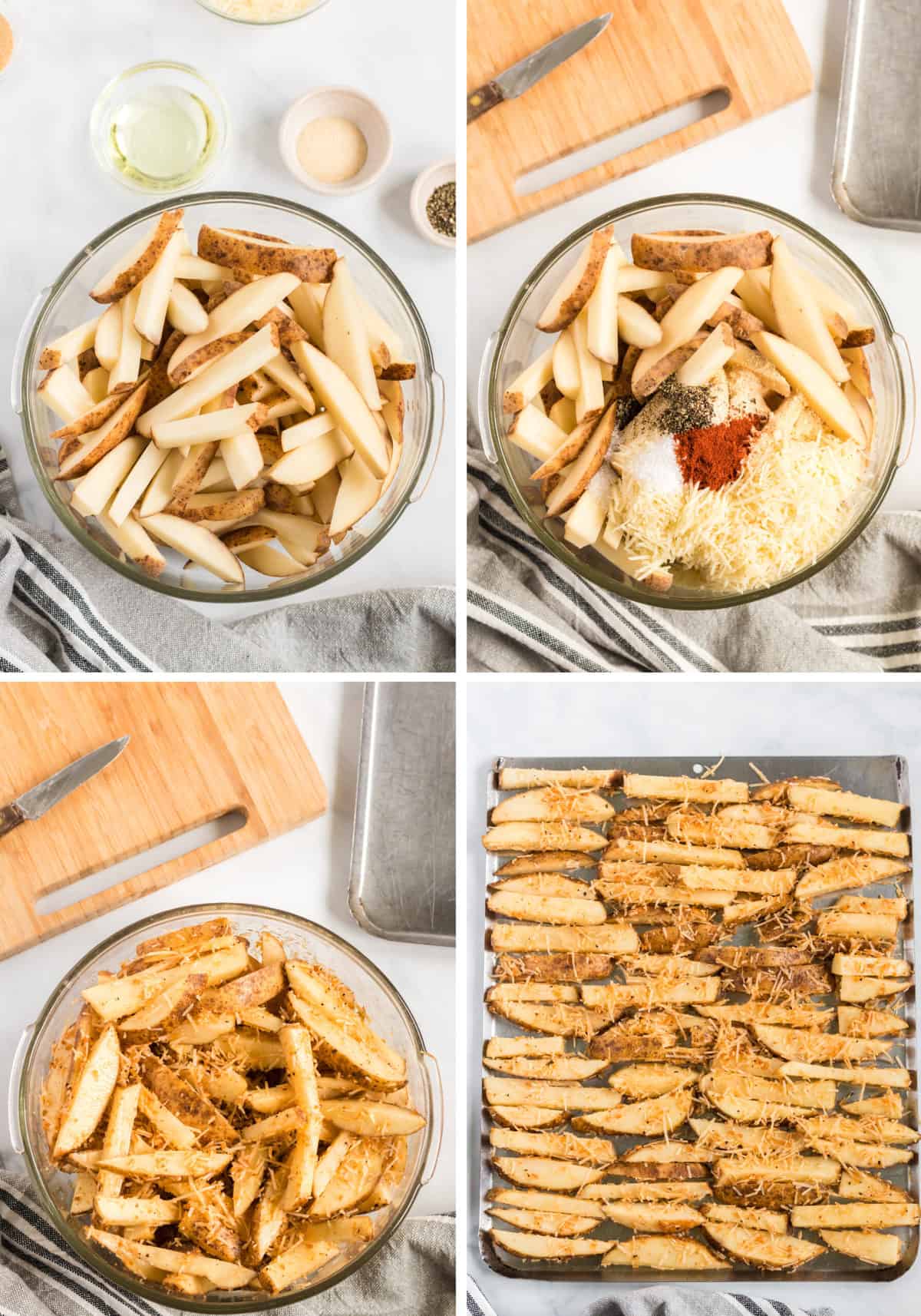 collage image showing the cut up potato wedges, mixed with spices, and on a baking sheet