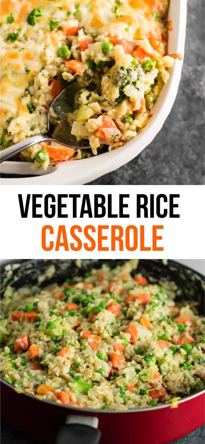 healthier vegetable rice casserole with sharp cheddar and parmesan. Everyone goes crazy for this and it makes a TON! #sidedish #casserole #vegetablerice #rice #vegetarian #dinner