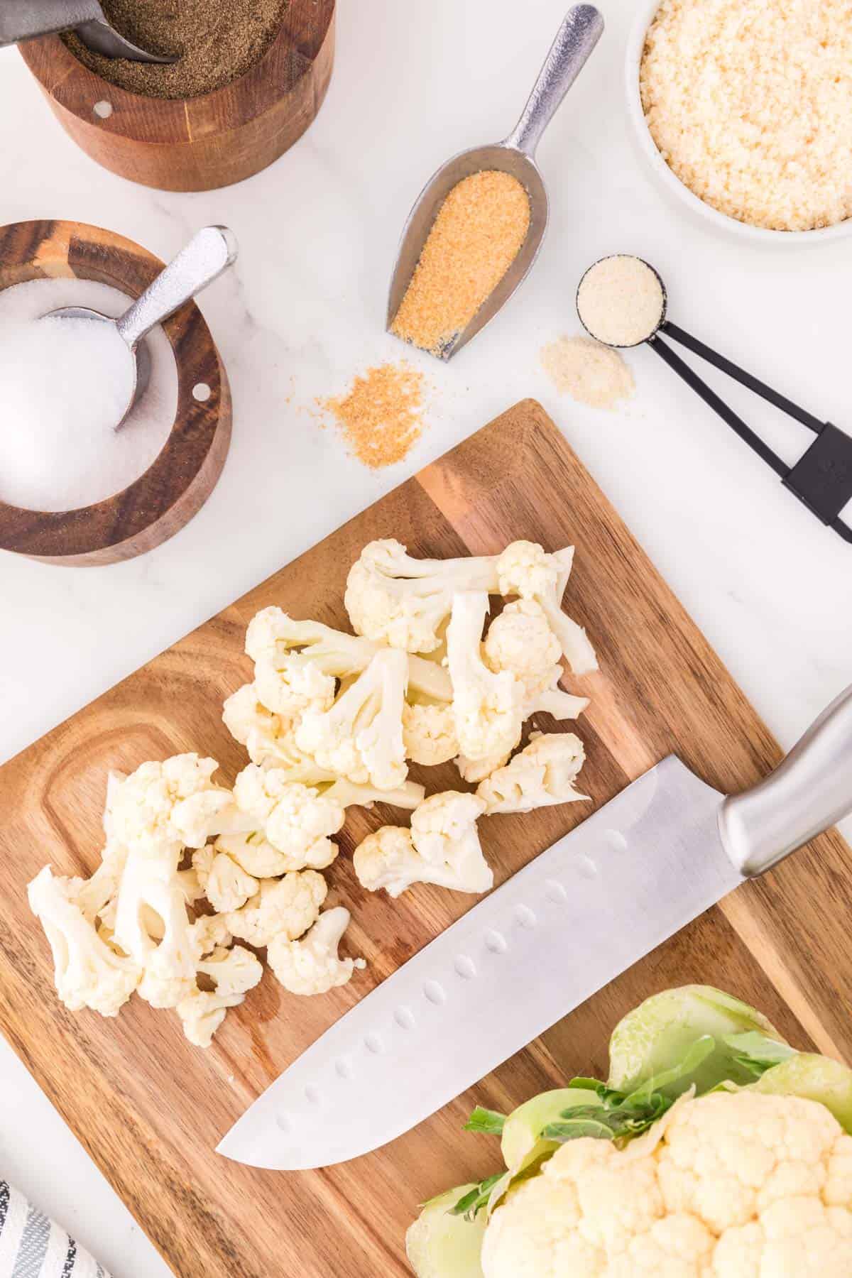 cutting the cauliflower into florets