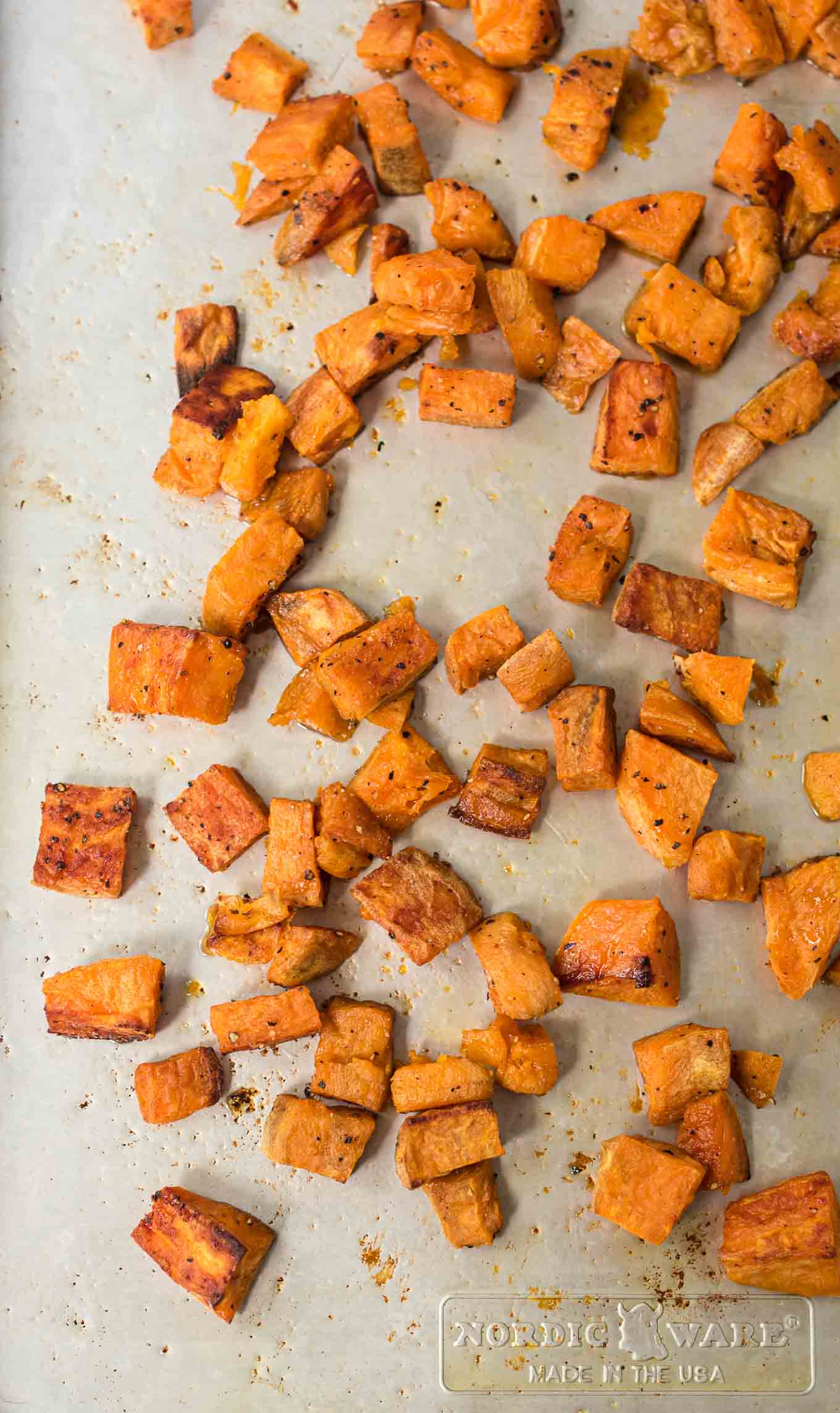 roasted sweet potatoes on a baking sheet