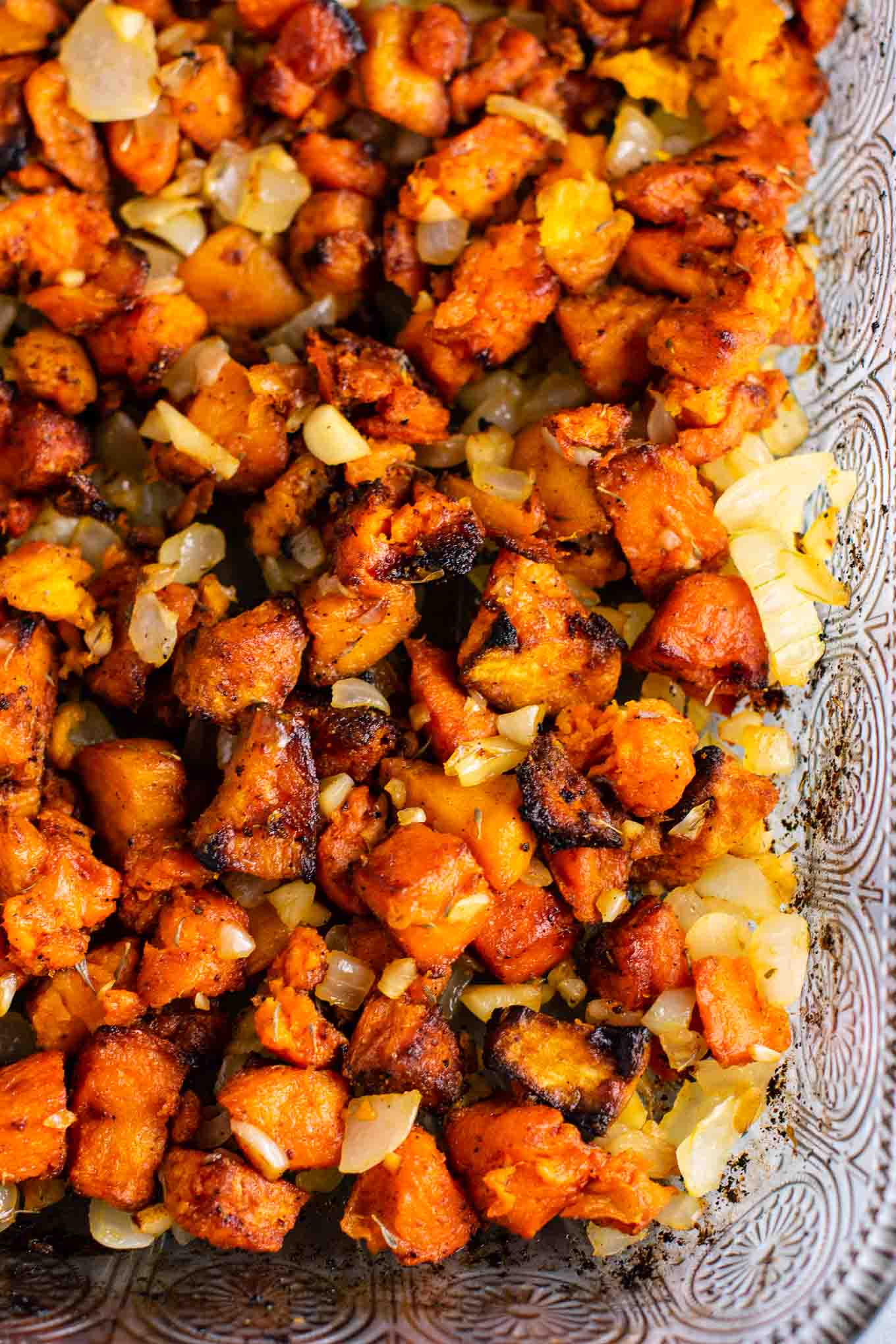 Sweet potato hash recipe with caramelized garlic and onion