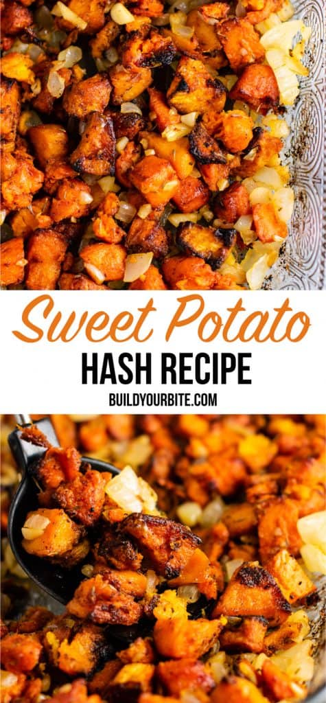 Sweet potato breakfast hash recipe with caramelized garlic and onion. So much flavor - this is perfect for breakfast! #sweetpotatohash #sweetpotato #veganbreakfast #vegan #breakfasthash #glutenfree #dairyfree #vegetarian
