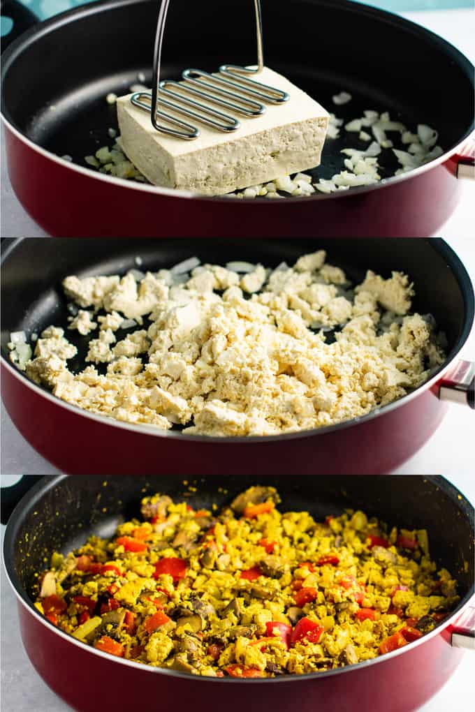 Vegan tofu scramble recipe with bell pepper and mushroom. This tastes amazing and was really satisfying! #tofuscramble #vegan #breakfast #veganbreakfast #meatless #dairyfree #eggfree