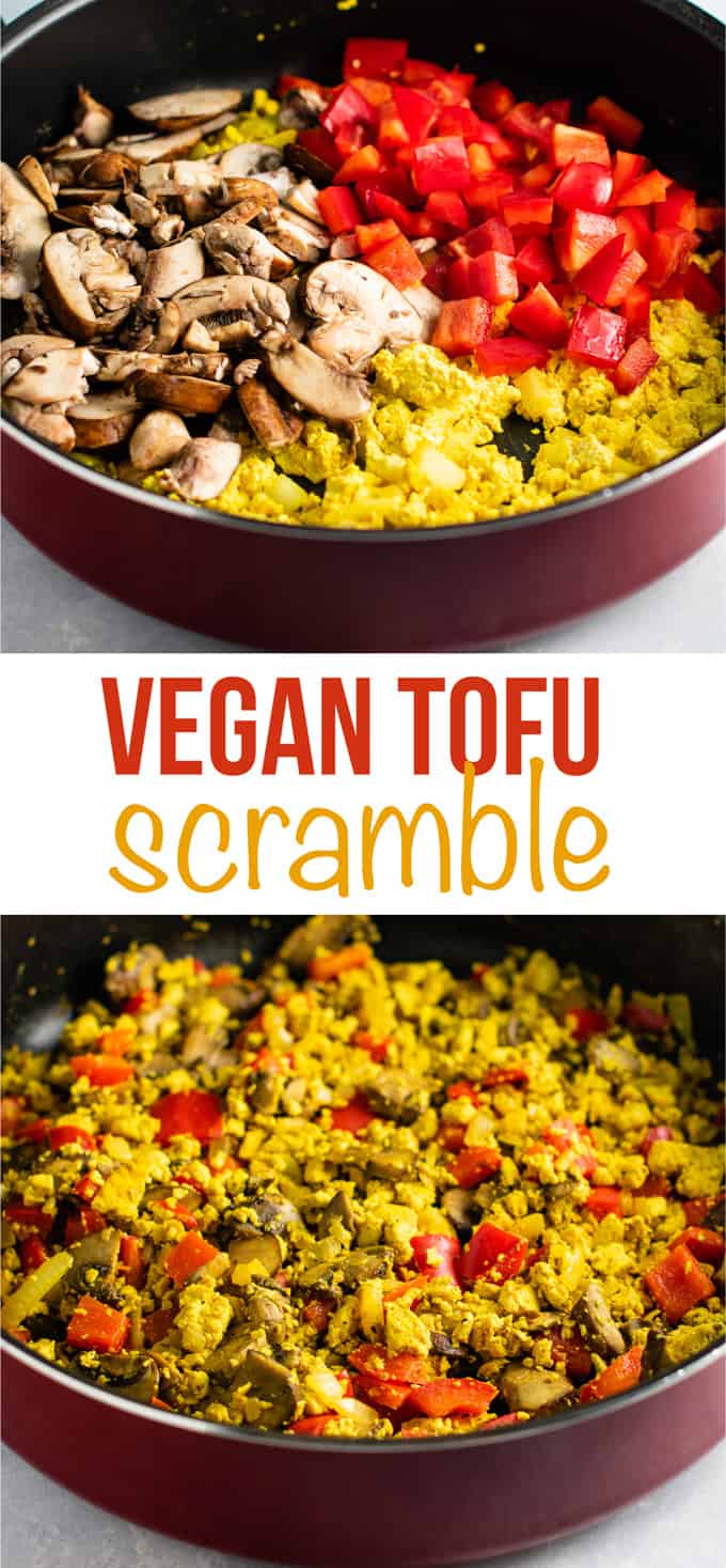 Vegan tofu scramble recipe with bell pepper and mushroom. This tastes amazing and was really satisfying! #tofuscramble #vegan #breakfast #veganbreakfast #meatless #dairyfree #eggfree