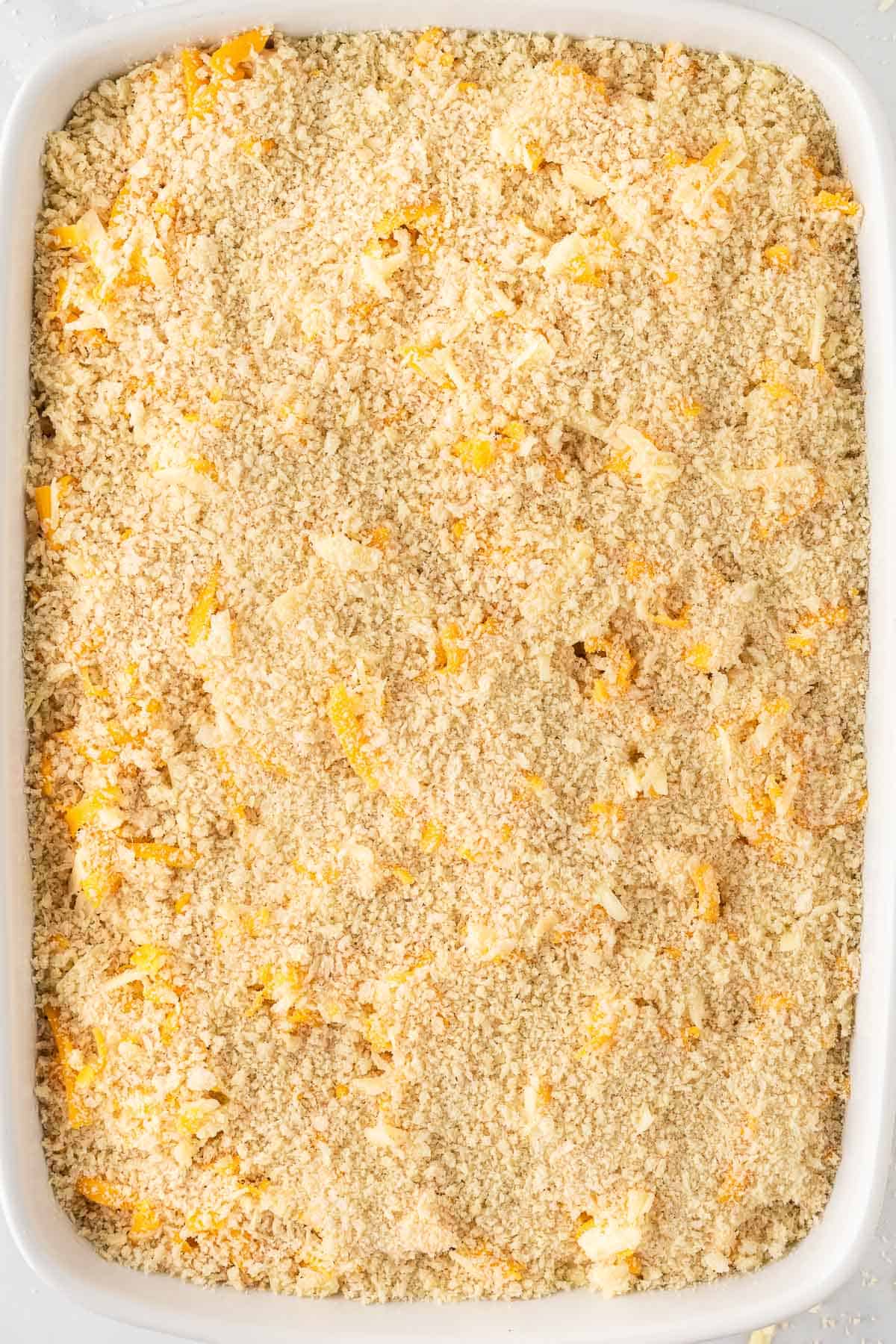 panko topping added to the top of the baked mac and cheese