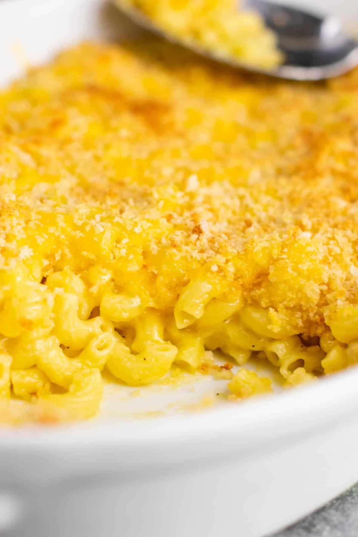 casserole dish of baked macaroni and cheese
