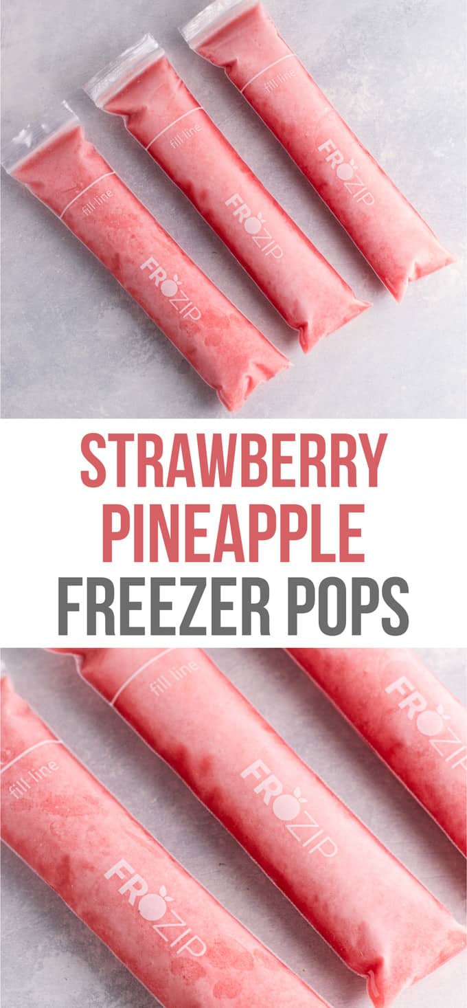 Strawberry pineapple freezer pops – learn how to make popsicles with just frozen fruit, coconut water and maple syrup! #freezerpops #healthy #icepops #popsicles #homemade #healthyrecipe #dessert #healthydessert #strawberrypineapple #summer