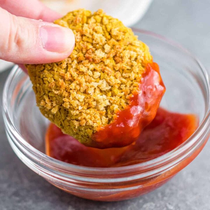 chickpea nugget dipped in ketchup