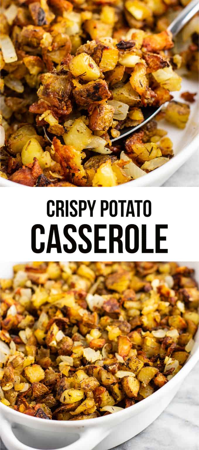 This famous crispy potato casserole is SO GOOD! Perfectly crispy potatoes slow roasted to perfection. One of the best vegan potato recipes! #potatocasserole #vegan #veganpotatorecipes #dinner #potatoes #healthy