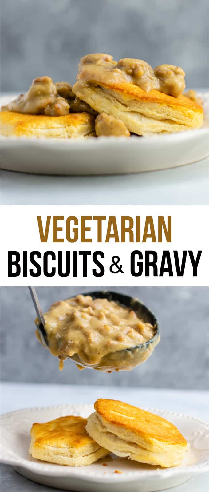 Vegetarian biscuits and gravy with vegan sausage. This is crazy good! #vegetarian #biscuitsandgravy #meatless #breakfast #gravy #vegetariangravy #comfortfood #breakfastrecipe