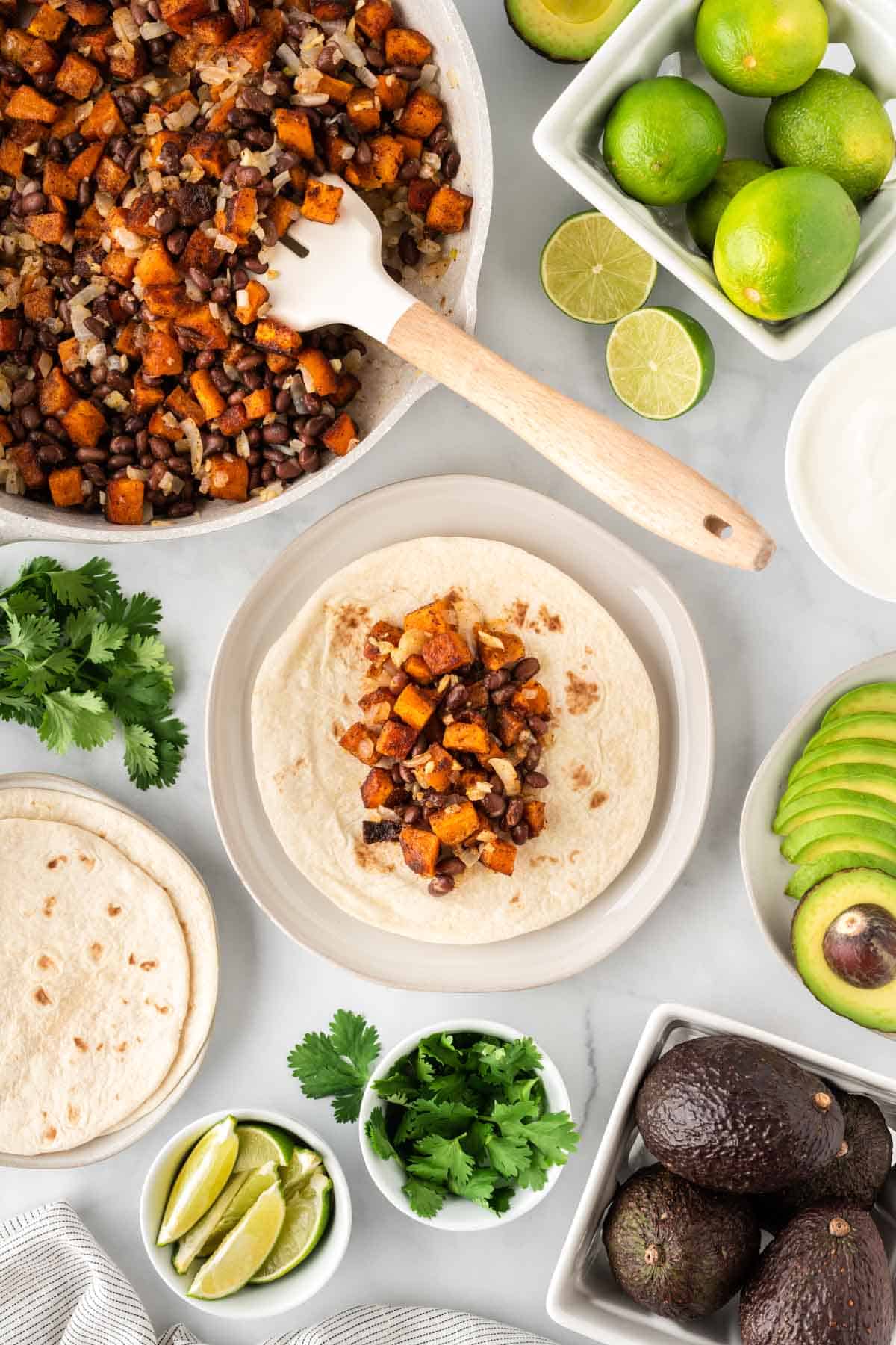 building a sweet potato and black bean taco