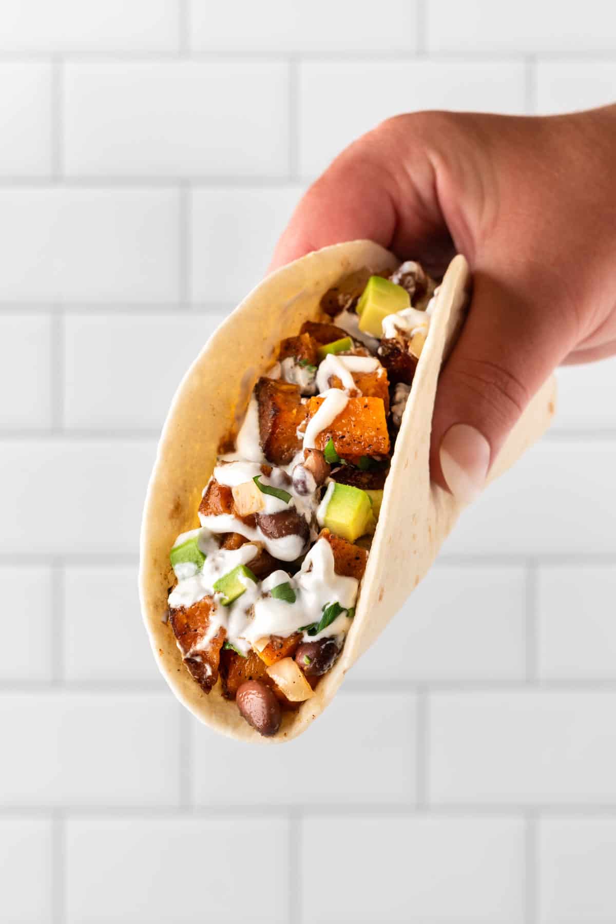 a hand holding a sweet potato soft taco