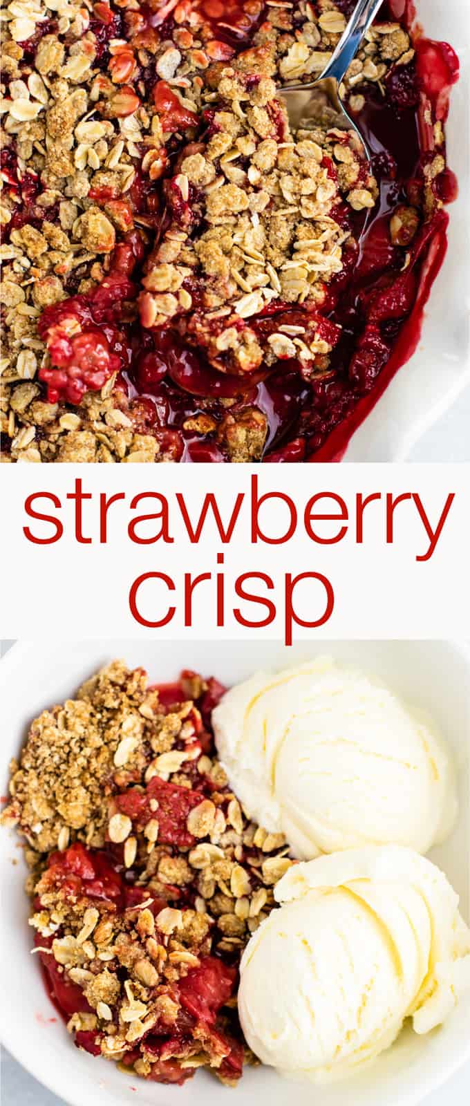 Easy strawberry crisp recipe (gluten free + vegan) – perfect for using up fresh strawberries! #strawberrycrisp #dessert #glutenfree #vegan #healthydessert #dairyfree