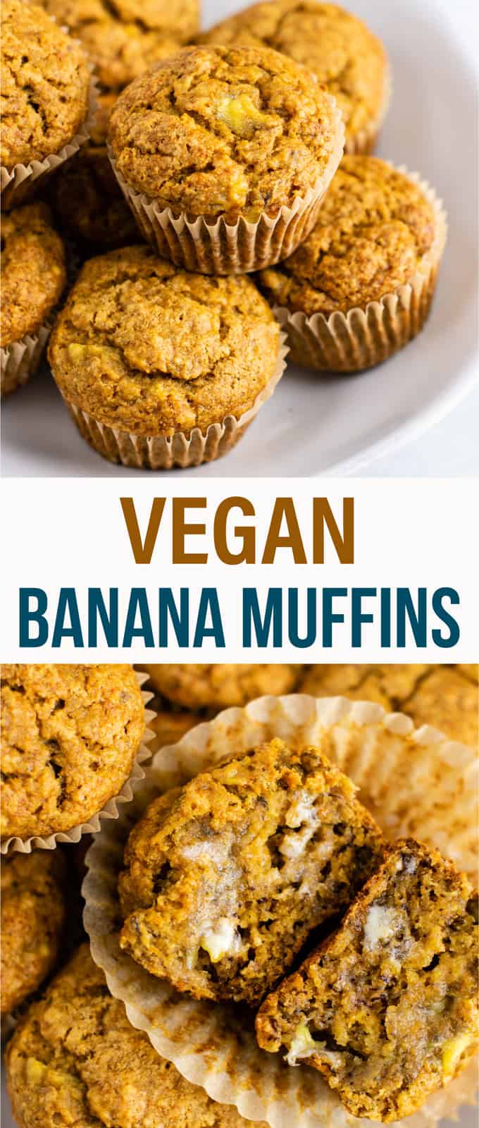 Healthy and easy vegan banana muffins recipe with applesauce – these are amazing and totally oil free! No flax eggs or difficult ingredients. So easy and a great vegan breakfast or snack. #veganbananamuffins #veganbreakfast #vegan #breakfast #healthymuffins #healthybananamuffins #veganmuffins