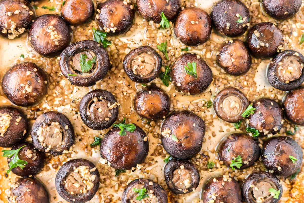 roasted garlic mushrooms on a baking sheet